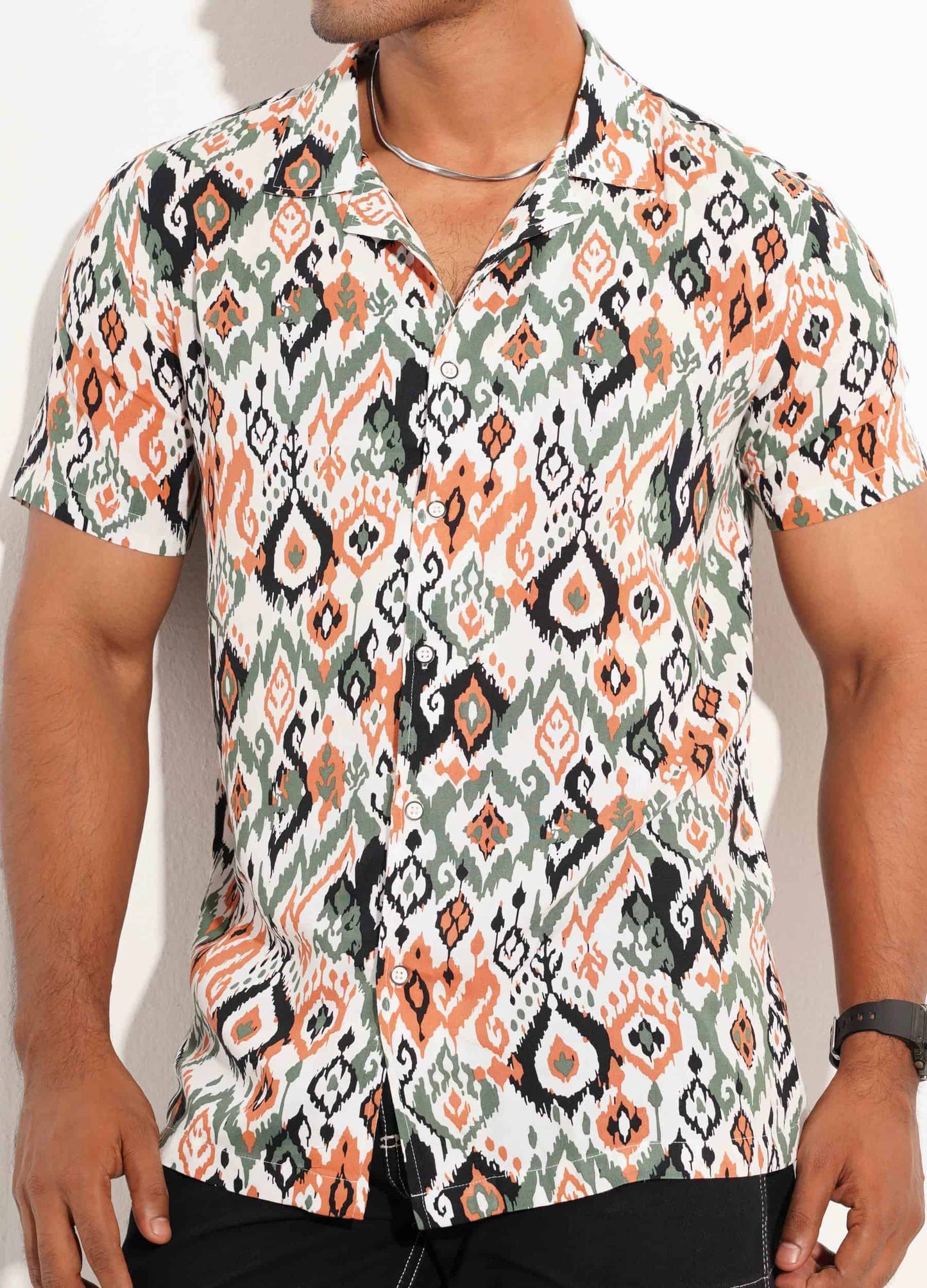 White-Yellow green pentagonal cube printed havana shirt