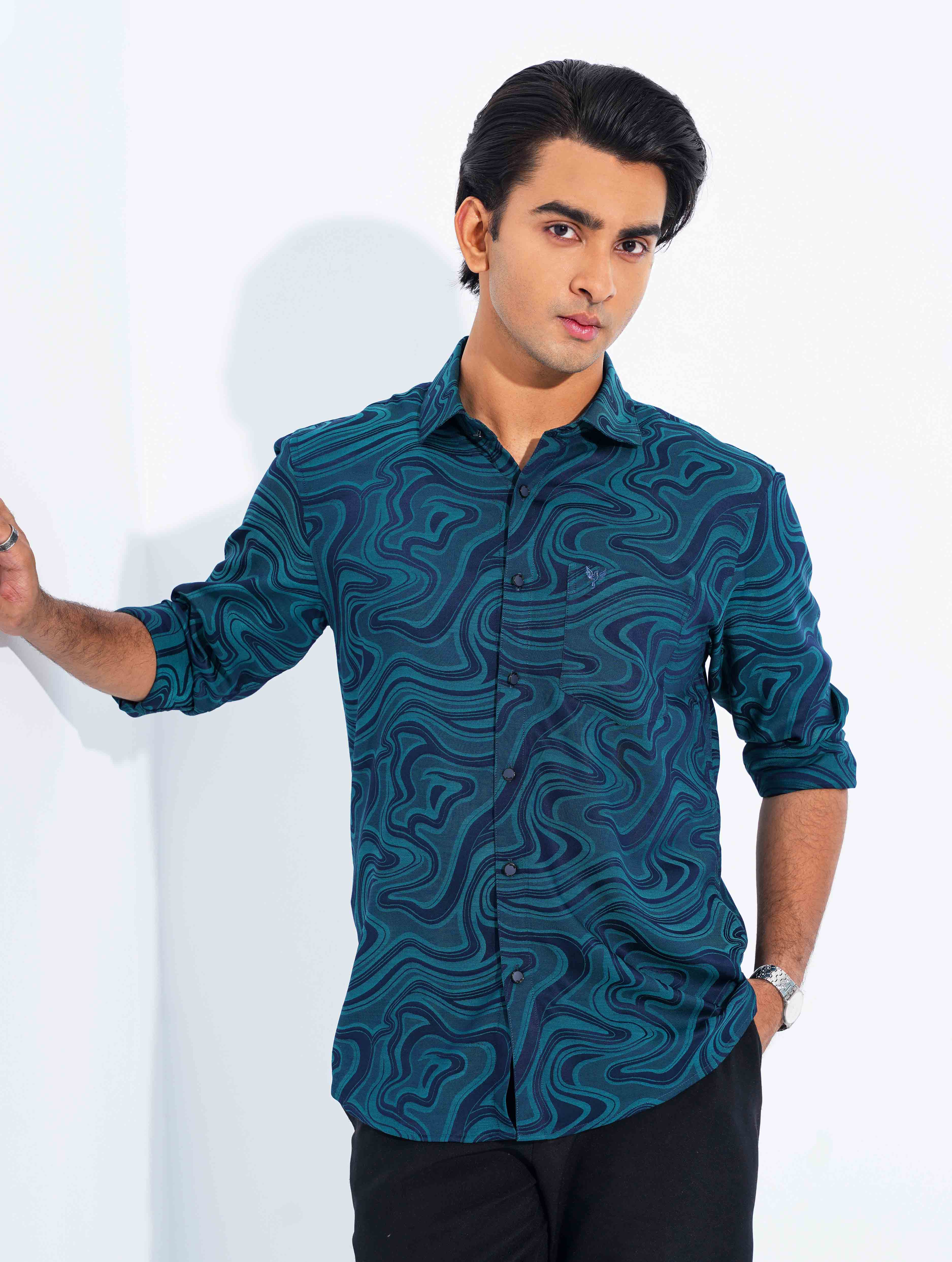 Green Blue print Premium Bamboo Silk Shirt – LYONORA