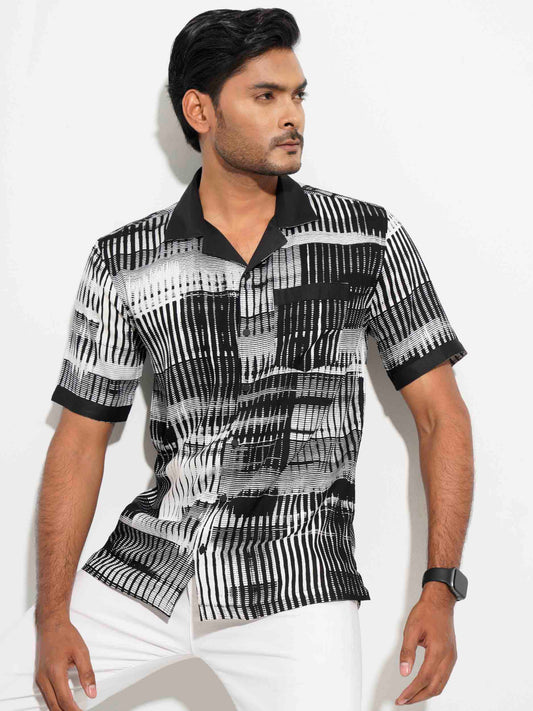 Black and white stripped collar contrast hawaiian shirt