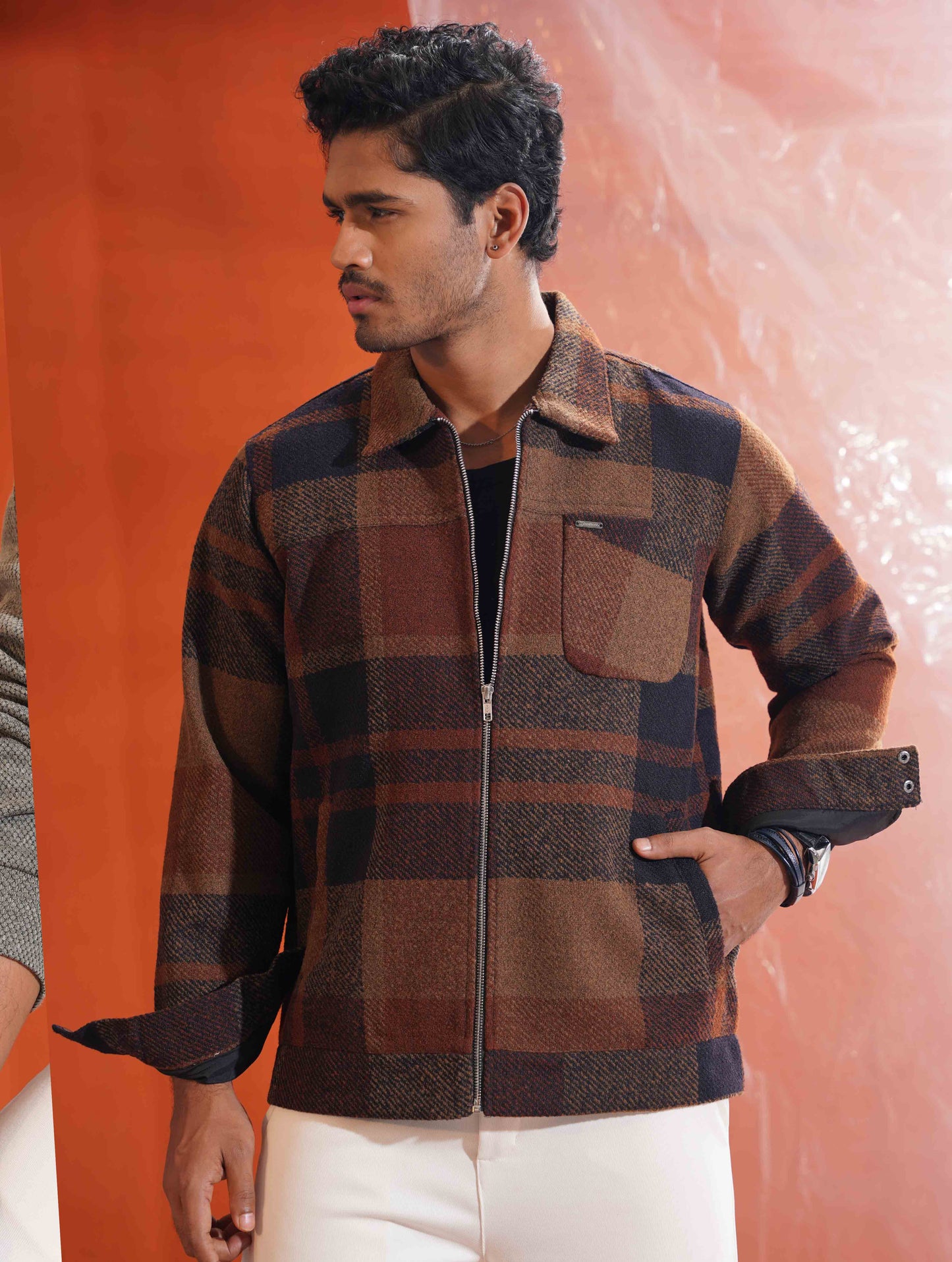 Rust Orange - Navy Blue Check flannel jacket