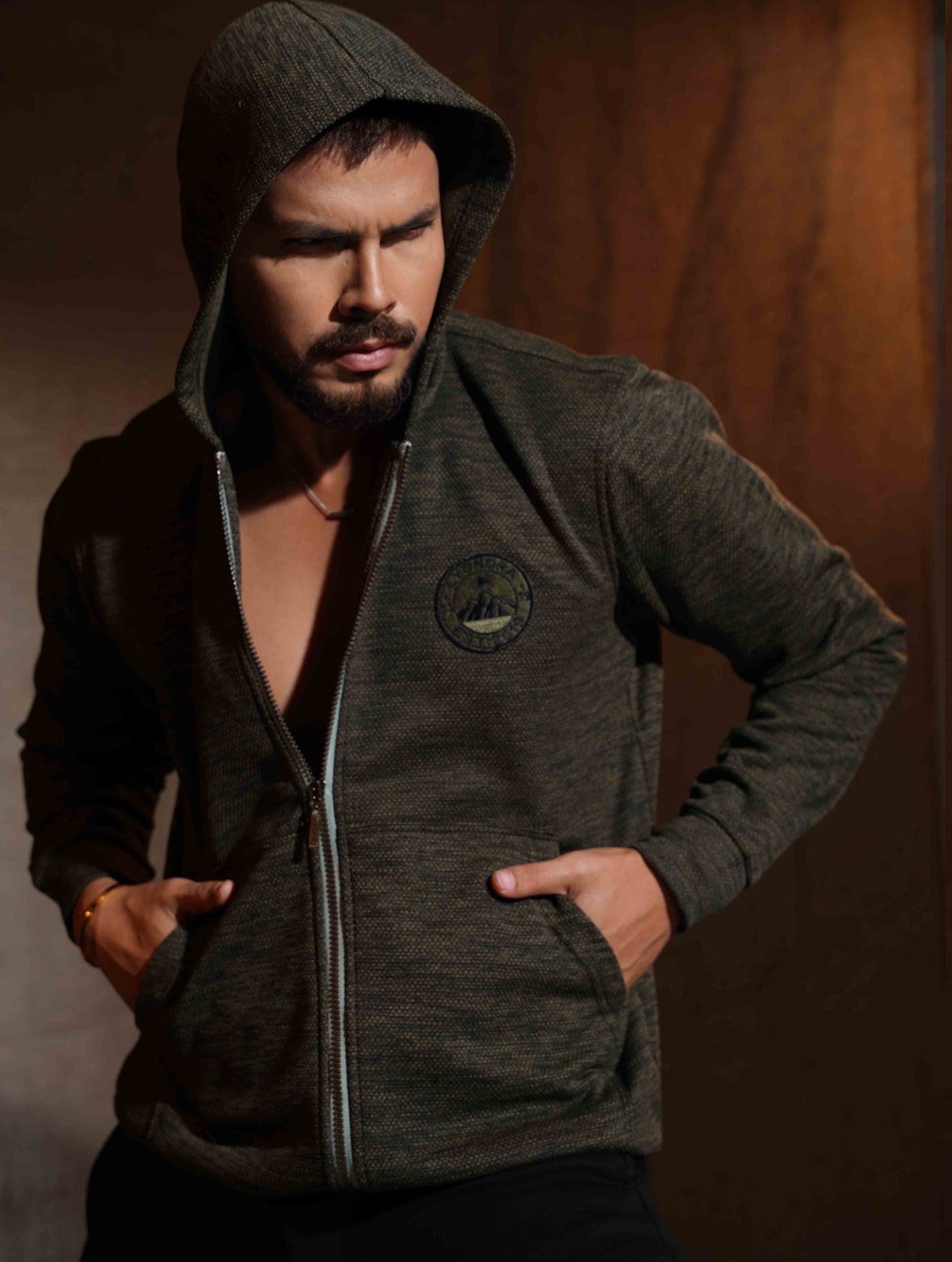 Army green Jacquard Knit Zipper Hoodie