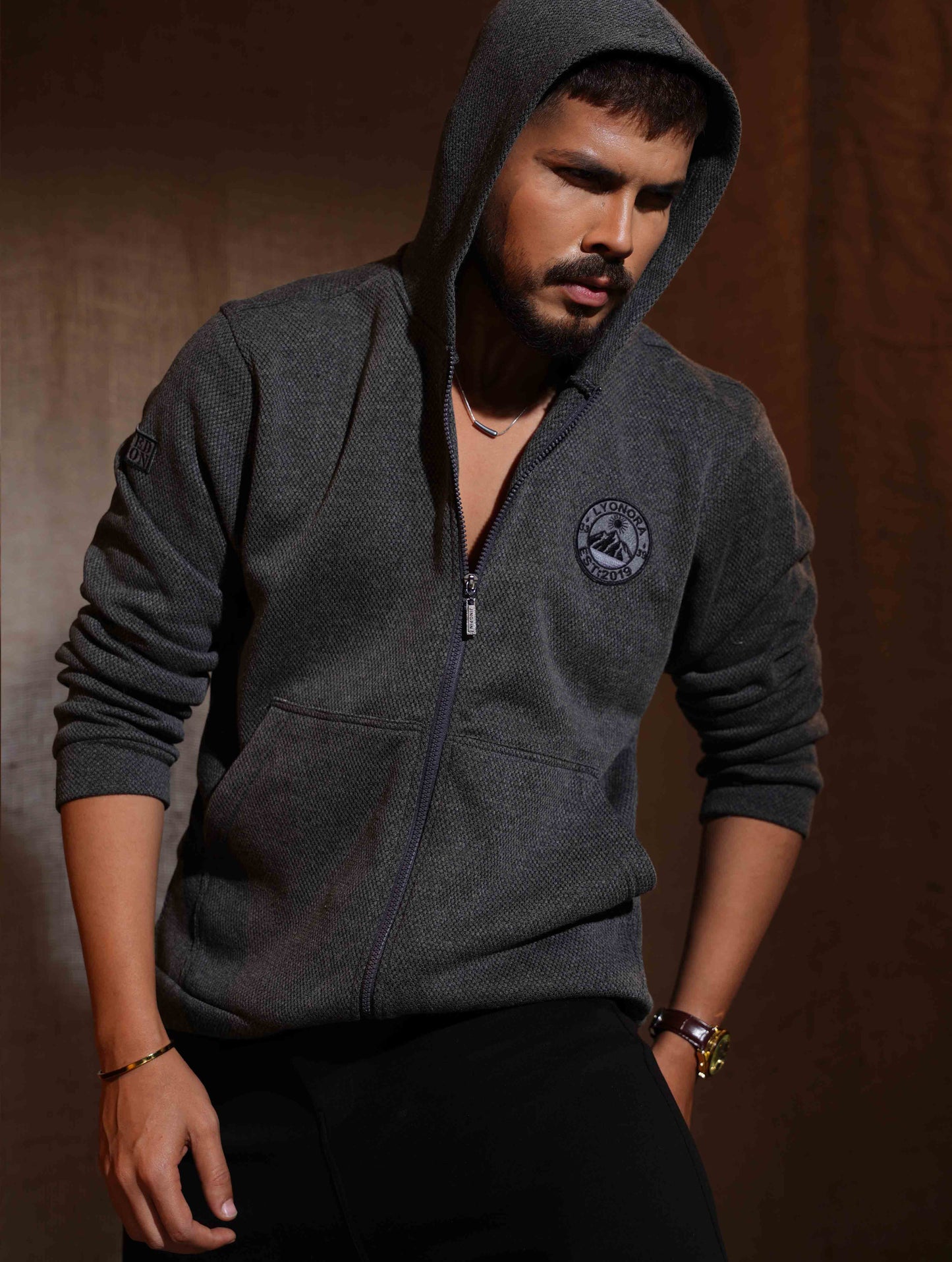 Iron Gray Jacquard Knit Zipper Hoodie