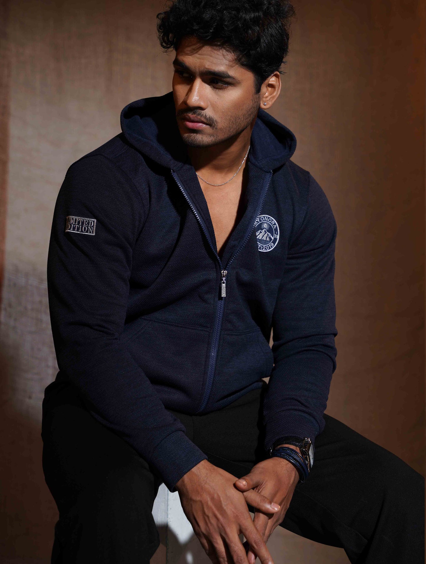 Deep Blue Jacquard Knit Zipper Hoodie