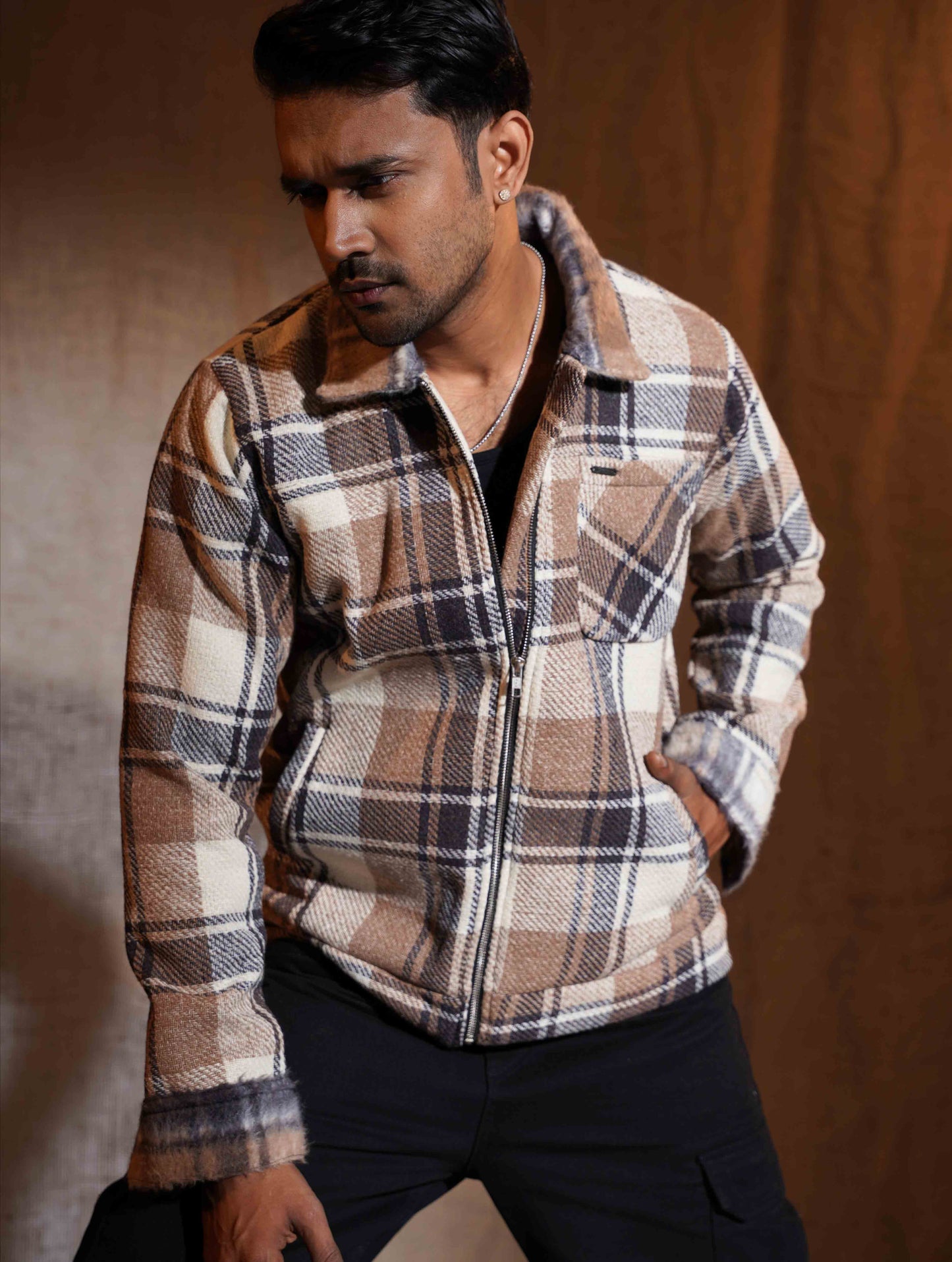 Desert Brown - Cream Check flannel jacket