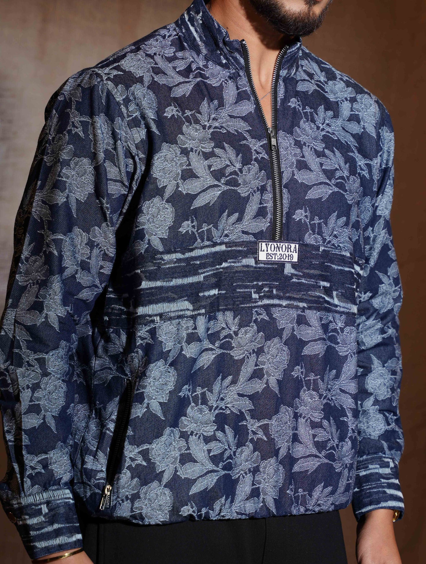 Blue Flower Printed half zipper jacket