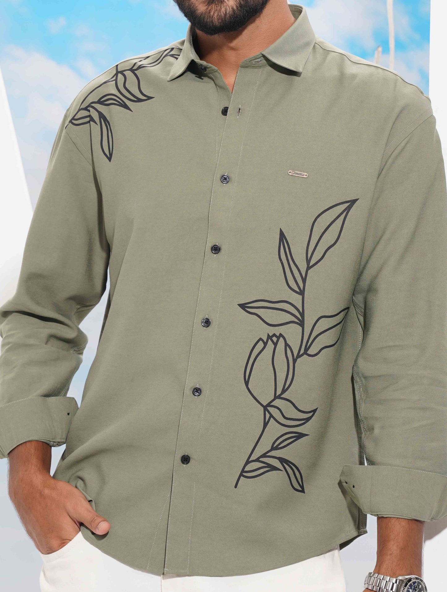 Olive Black Flower print full Sleeve Shirt
