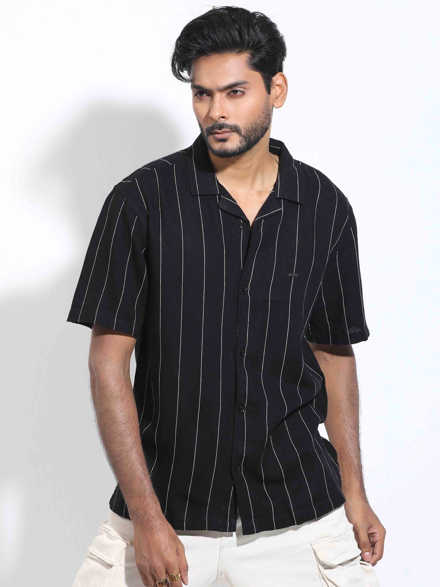 Jet Black white thin stripe Havana shirt