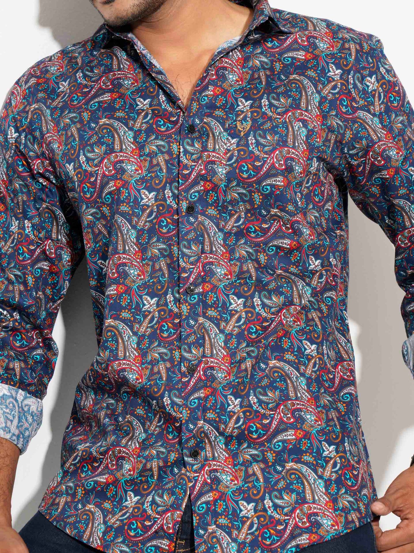 Blue sankha digital printed full sleeve shirt.
