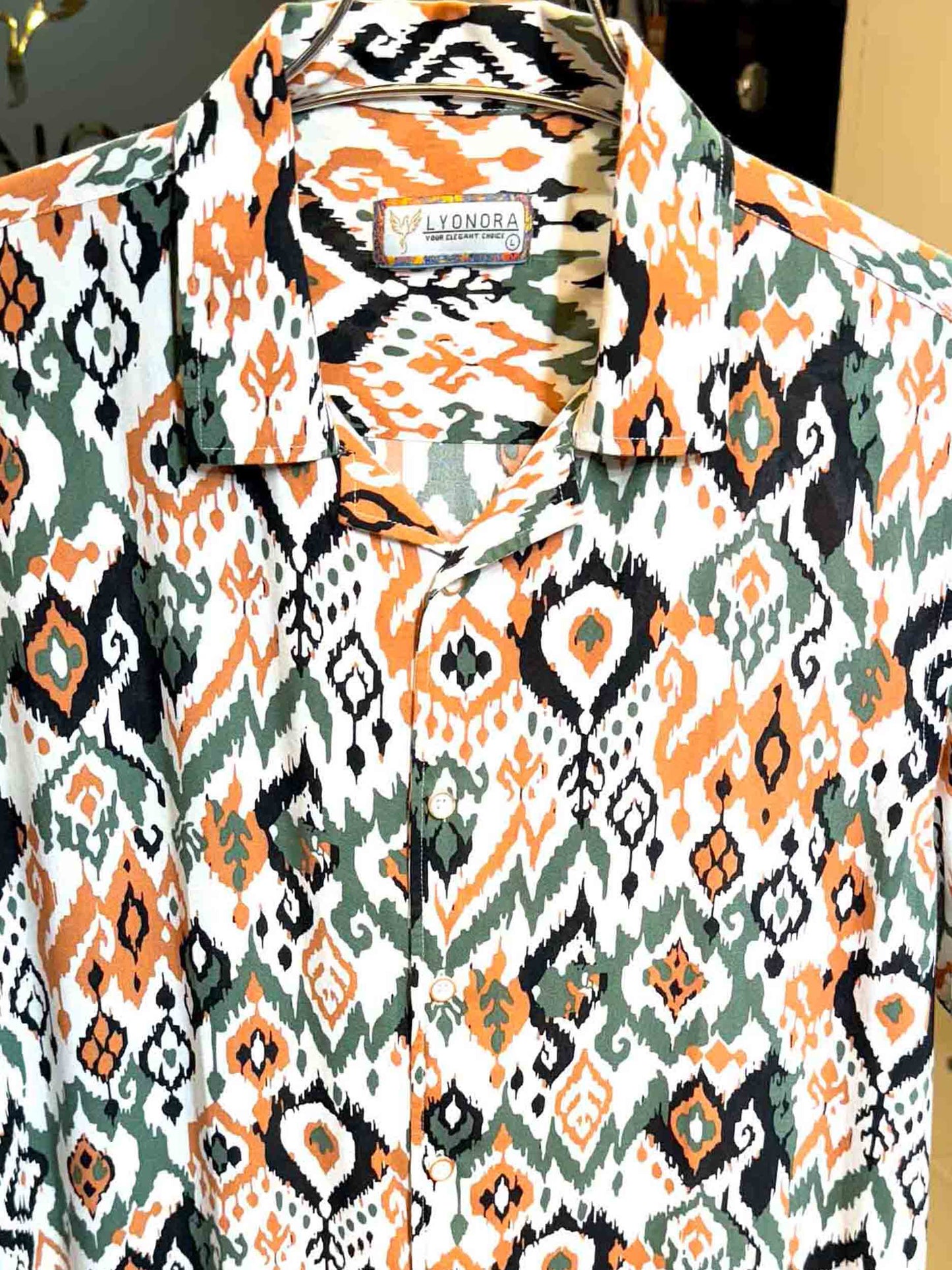 White-Yellow green pentagonal cube printed havana shirt