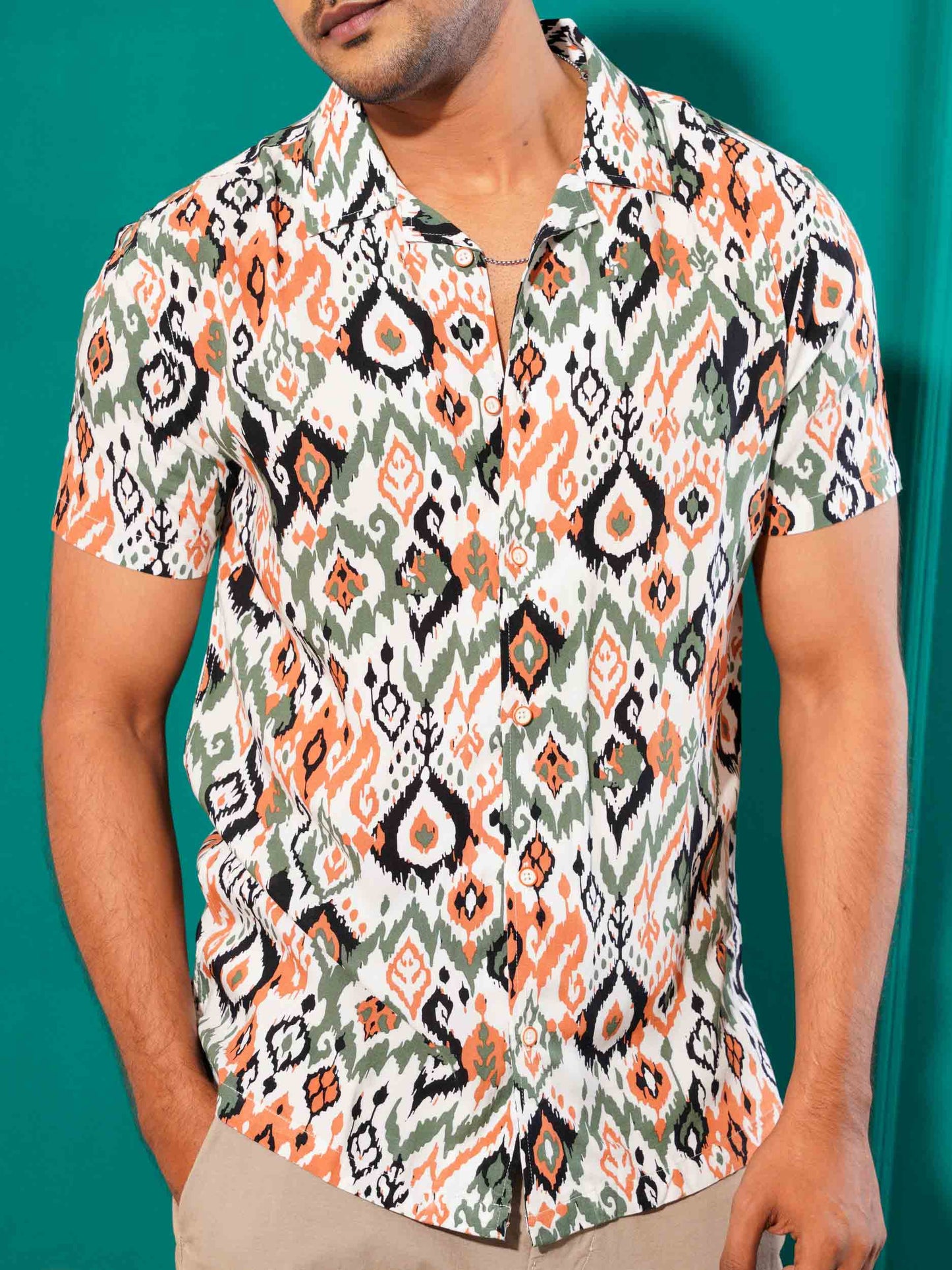 White-Yellow green pentagonal cube printed havana shirt