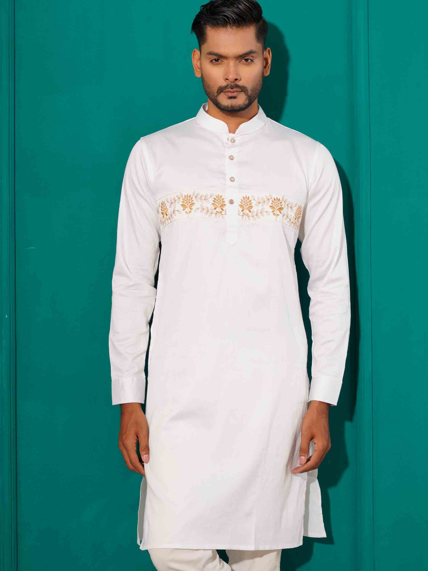 White Saton exclusive embroidered panjabi.