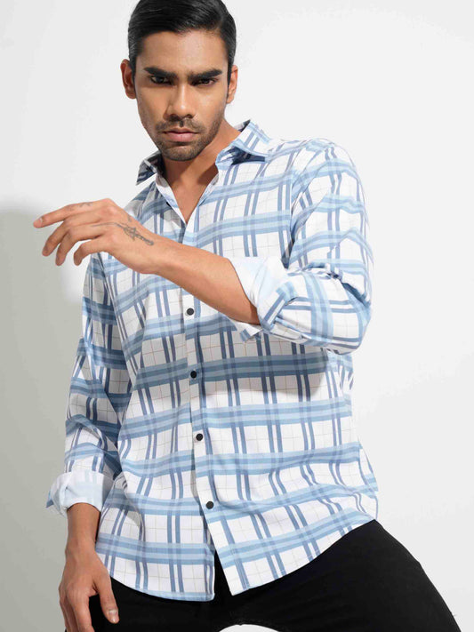 White and sky viscos double stripped check stretch fabric shirt.