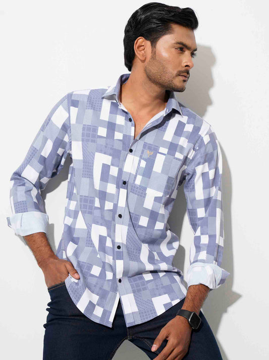 White-Lavender abstract check viscos stretch shirt