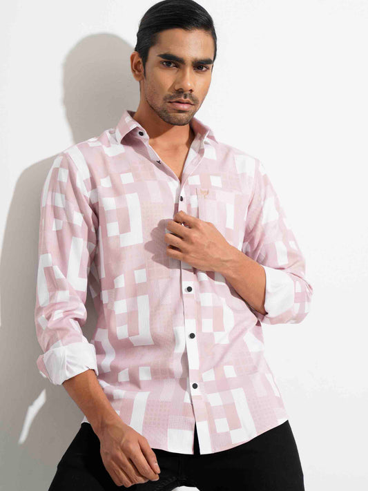 White-Pink abstract check printed viscos stretch shirt