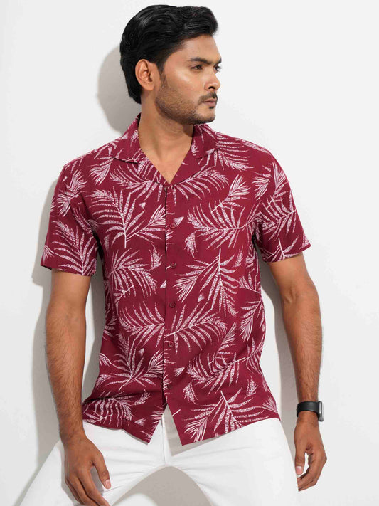 Maroon tropical palm leave printed hawaiian shirt