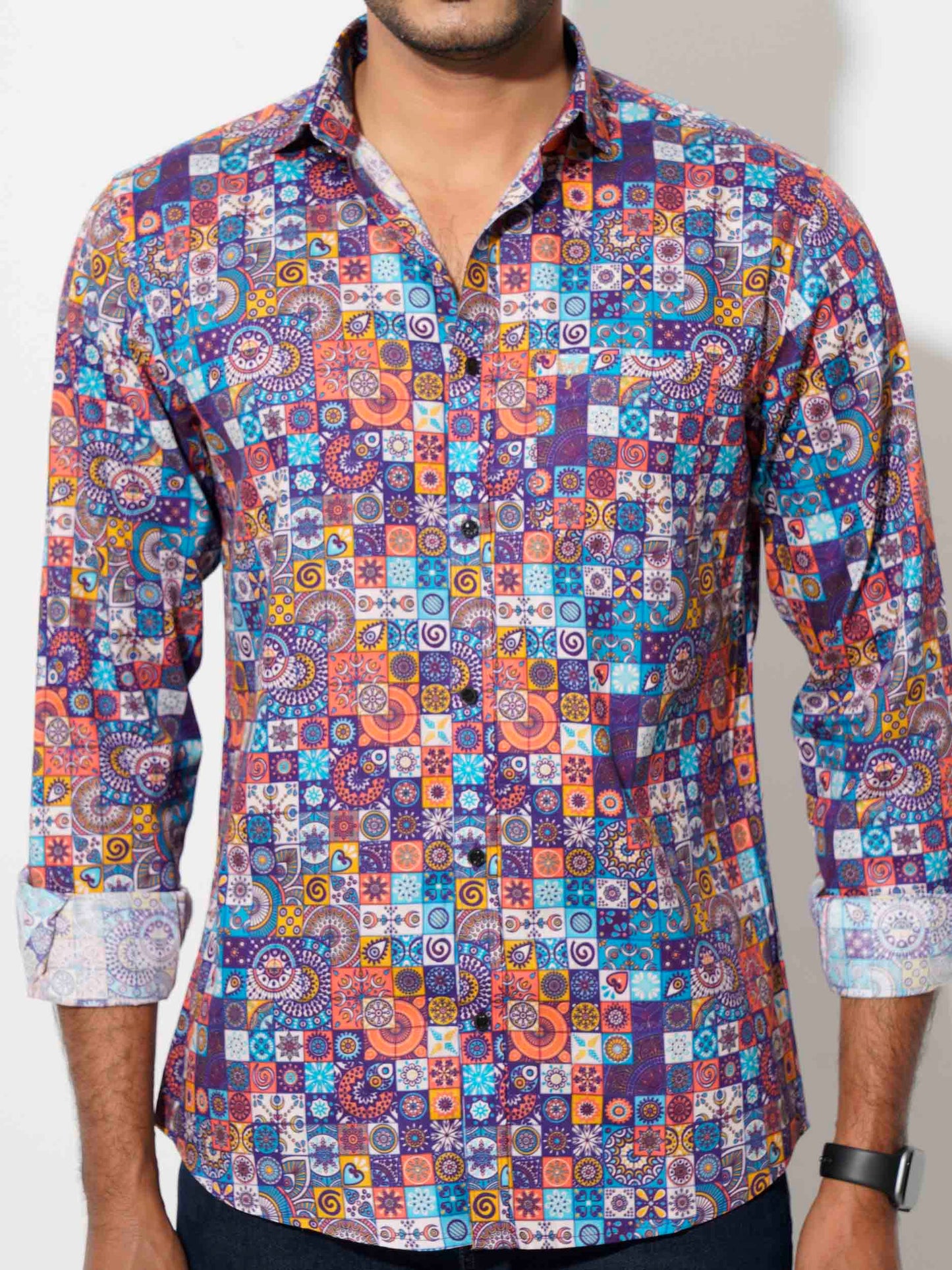 Blue orange digital printed full sleeve shirt