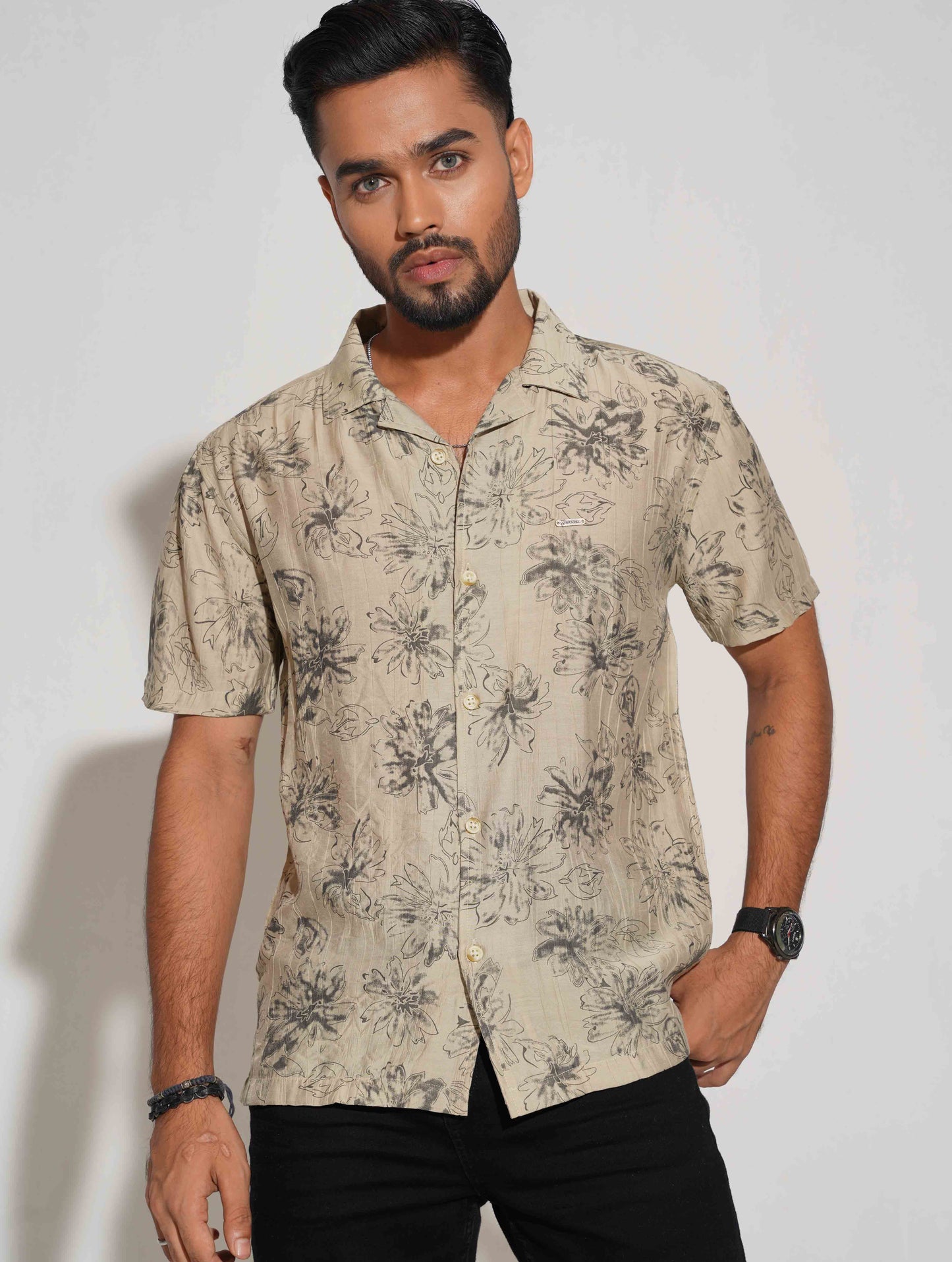 Cream black leaf printed viscos Havana