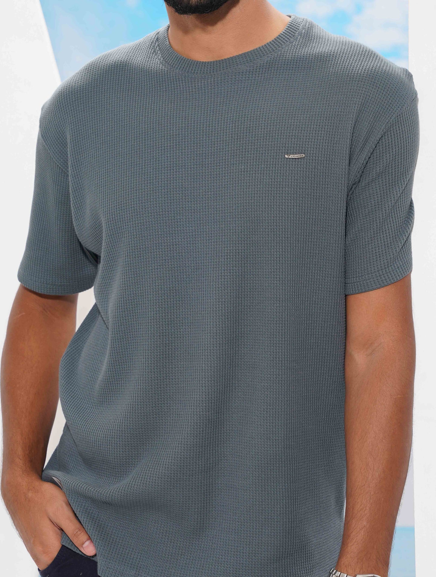 Muted Blue Solid Waffle Fabric Semi Drop T-shirt