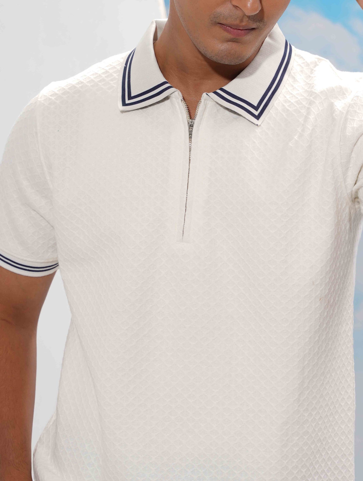 Bavarian Cream stripe contrast Premium Zipper Polo