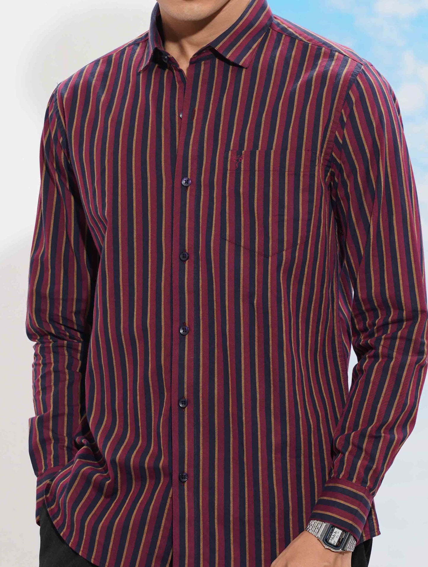 Deep Maroon Mustard stripe full sleeve shirt