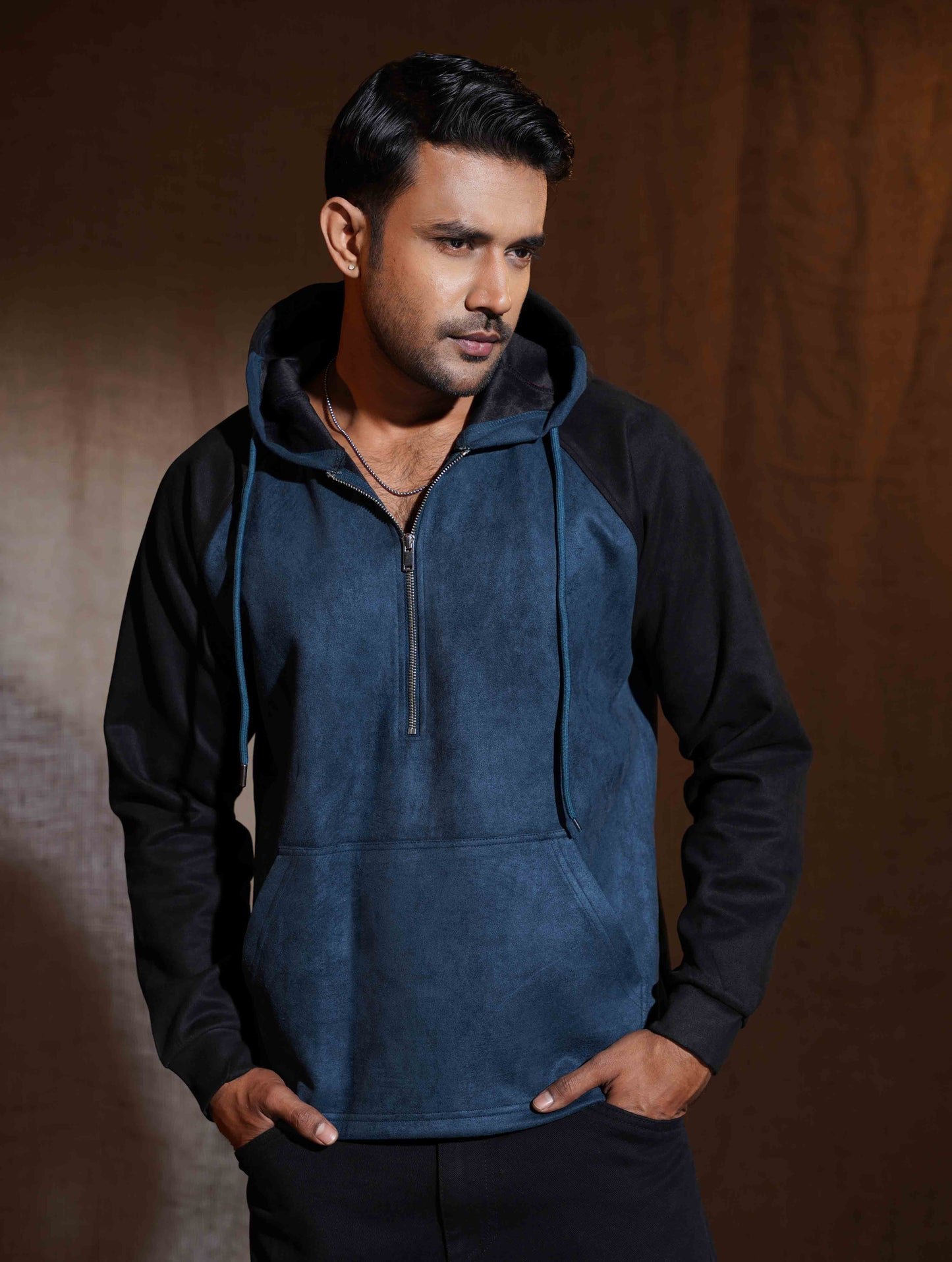 Bottle Green - Black Suede Leather Zipper Hoodie