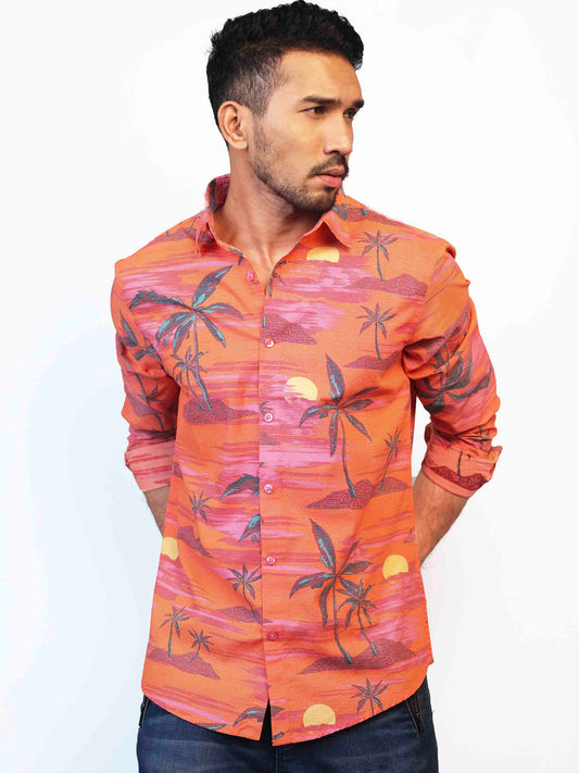 Orange Coconut Tree Printed Cotton Shirt