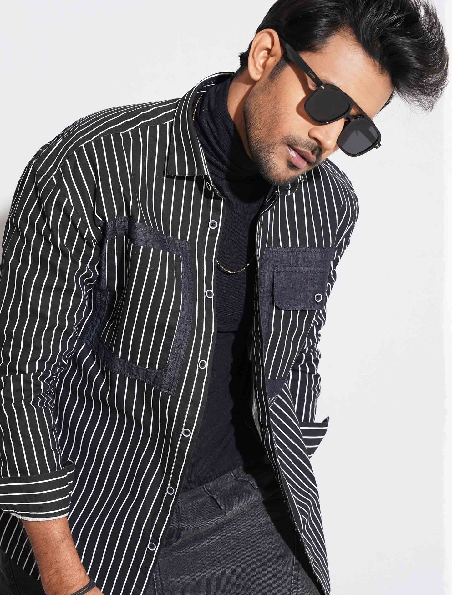 Black Stripe pocket flap denim full sleeve