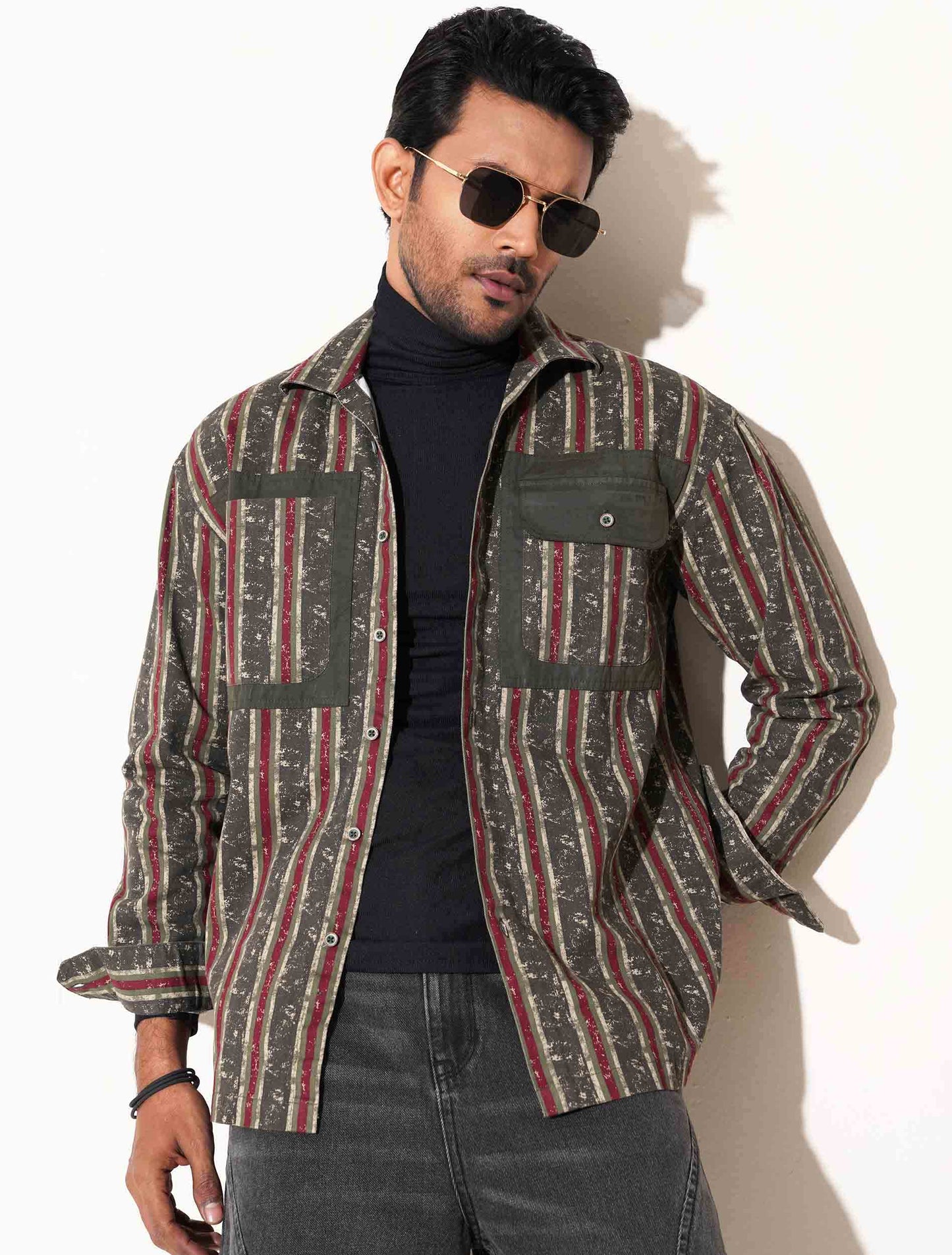 Olive -maroon Stripe contrast shacket