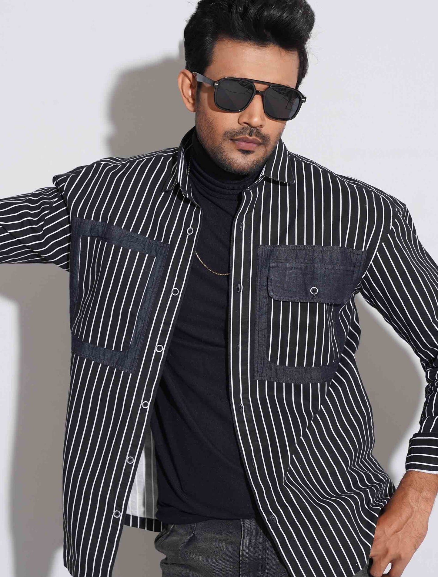 Black Stripe pocket flap denim full sleeve