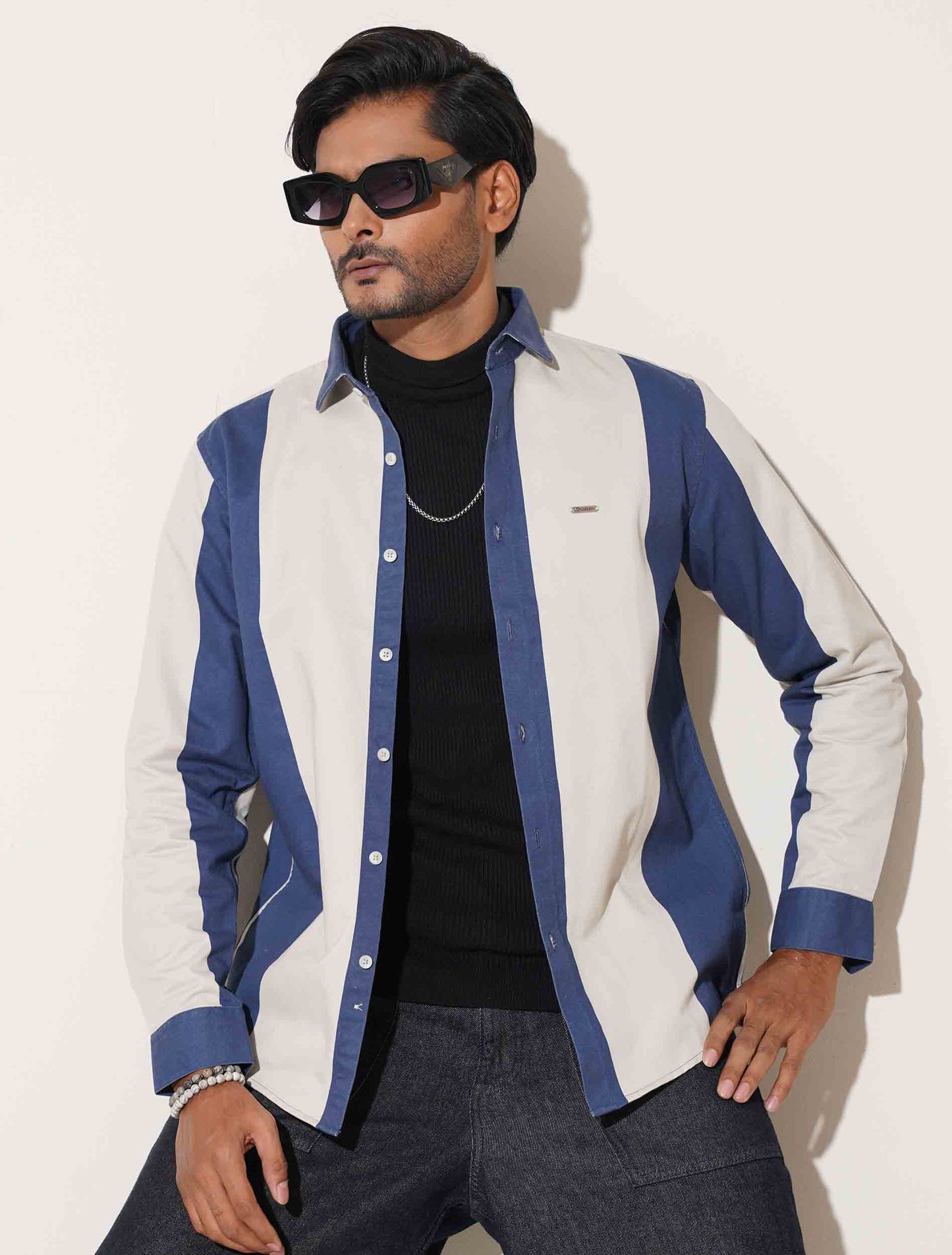 Off white and Aegean blue stripe denim full sleeve