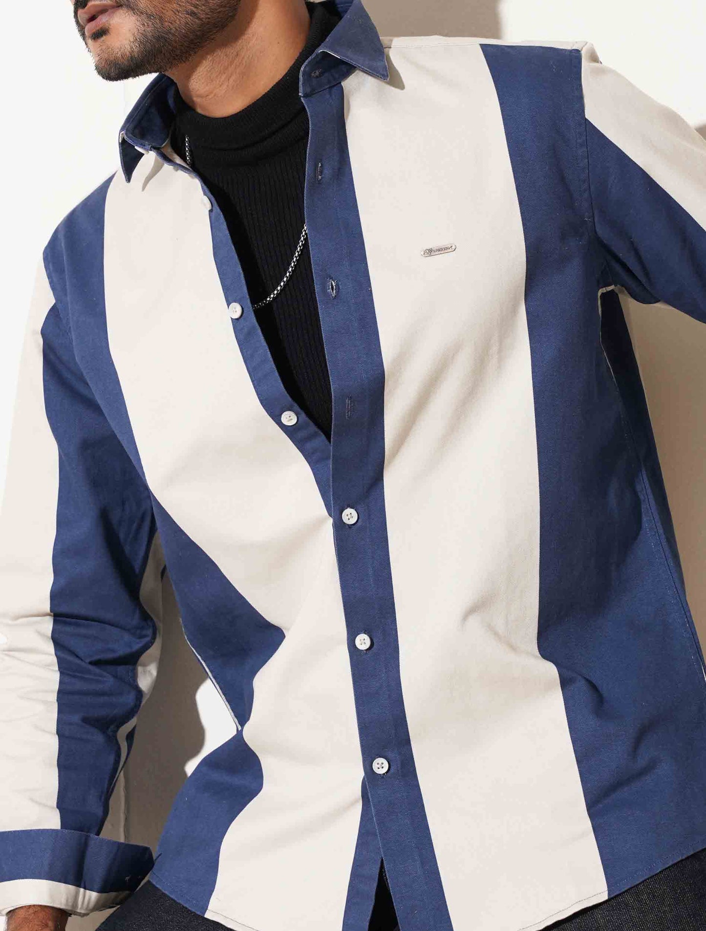 Off white and Aegean blue stripe denim full sleeve