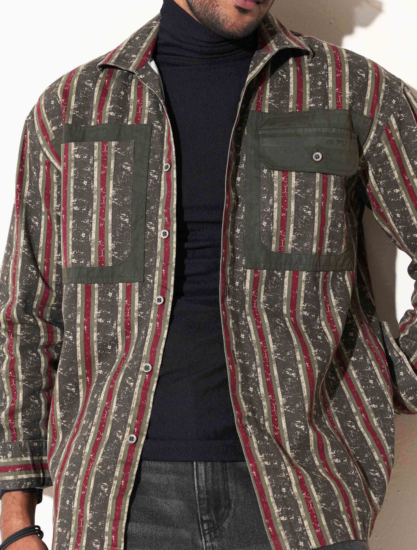 Olive -maroon Stripe contrast shacket