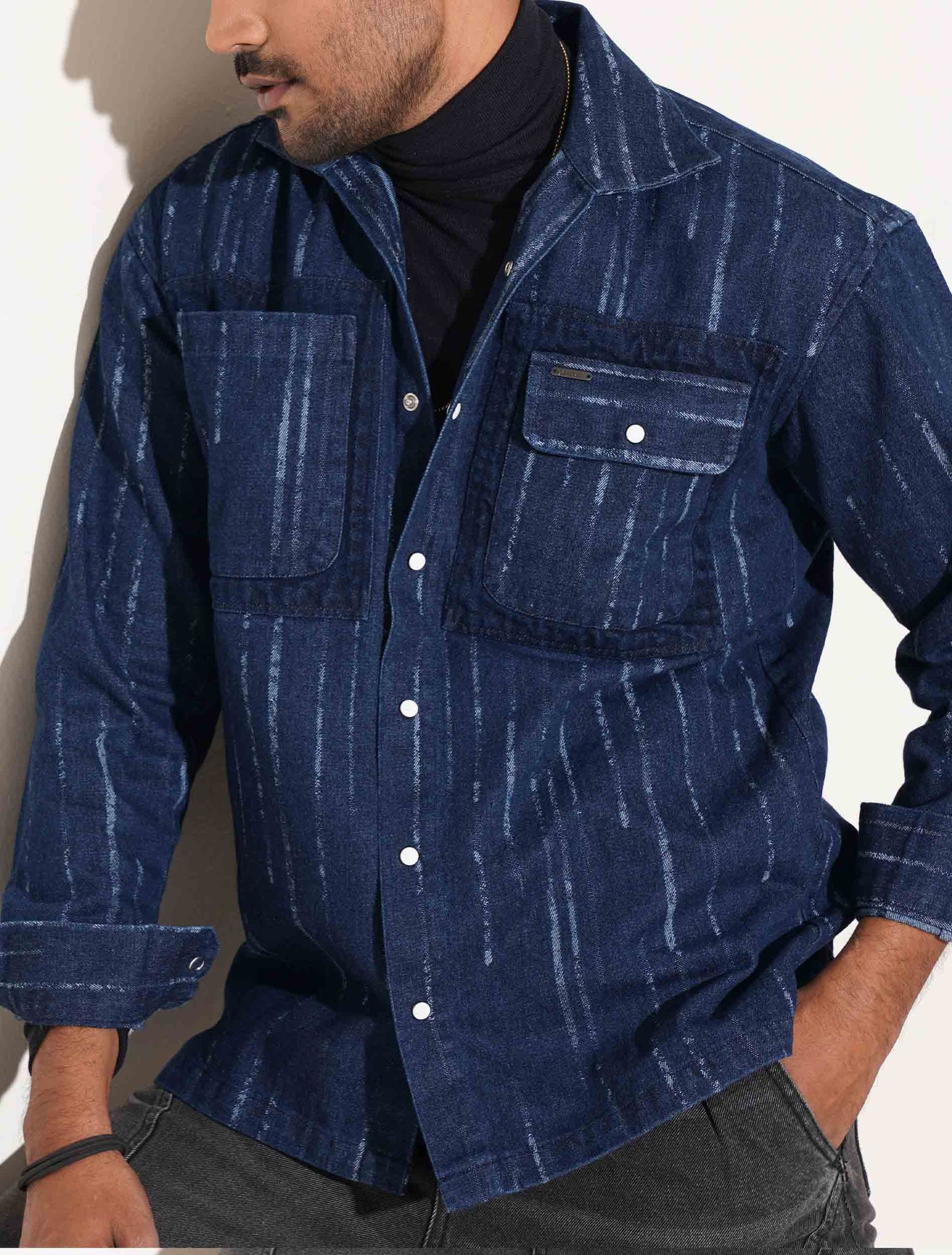 Blue Denim Faded stripe Premium Shacket