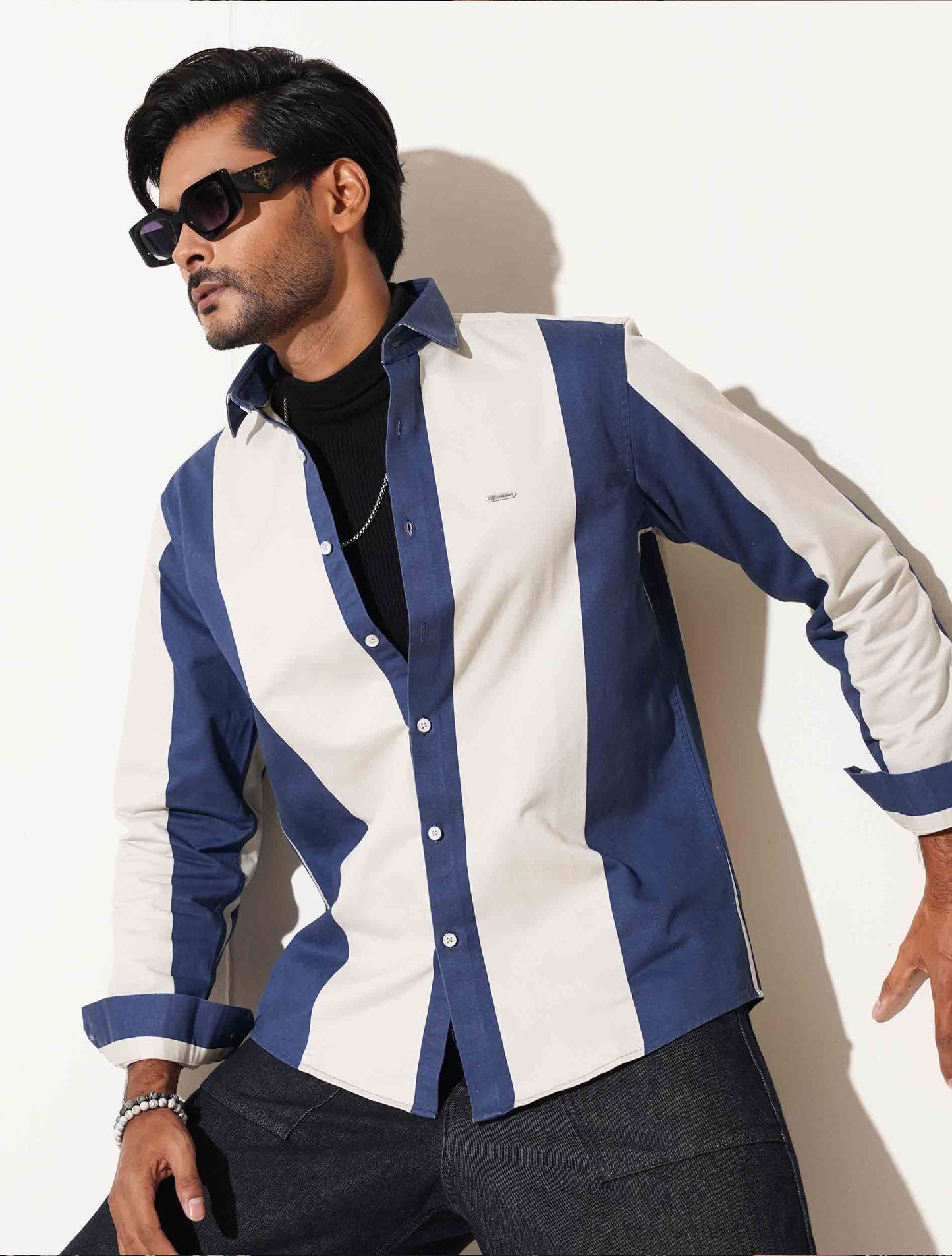 Off white and Aegean blue stripe denim full sleeve