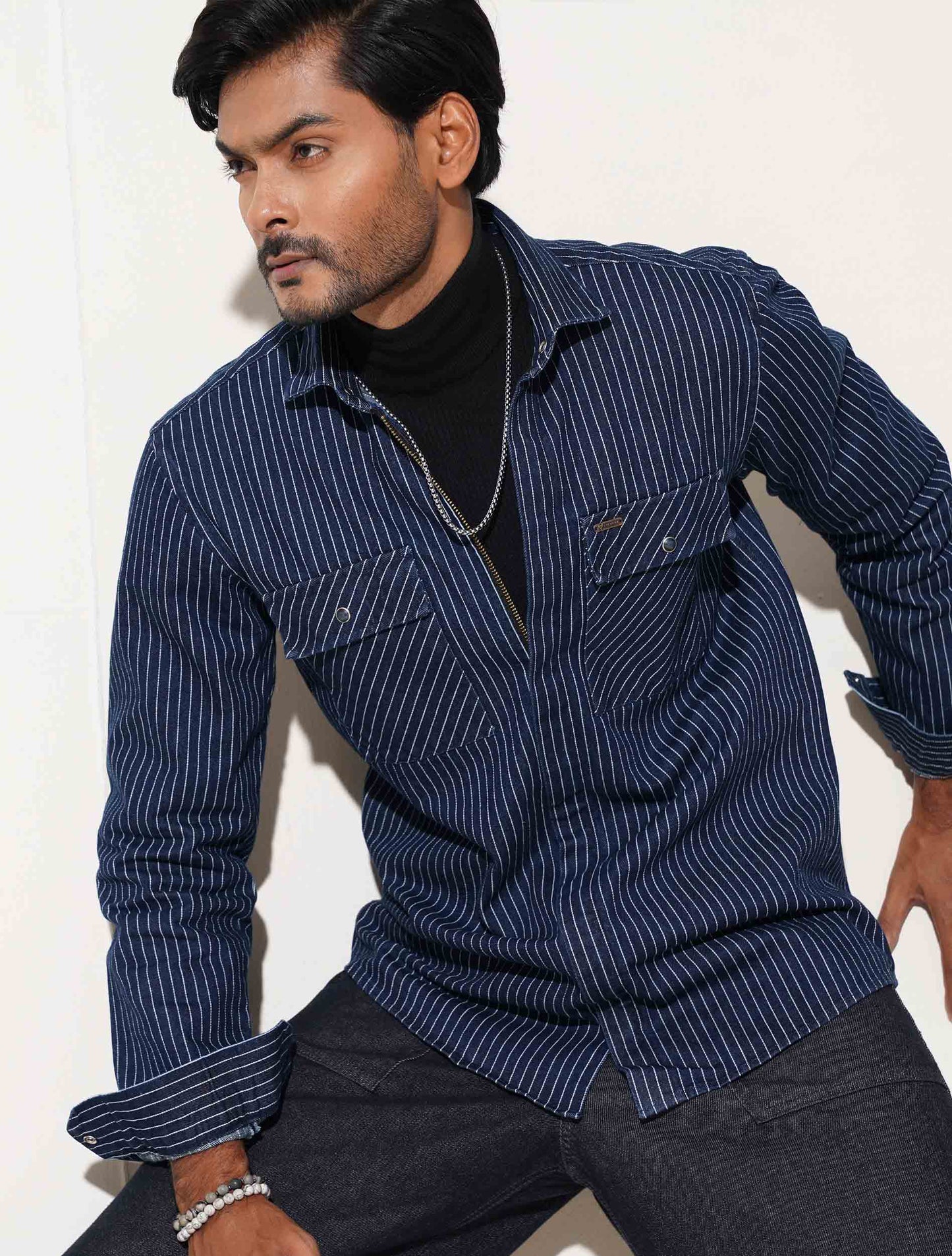 Blue stripe chain design denim full sleeve