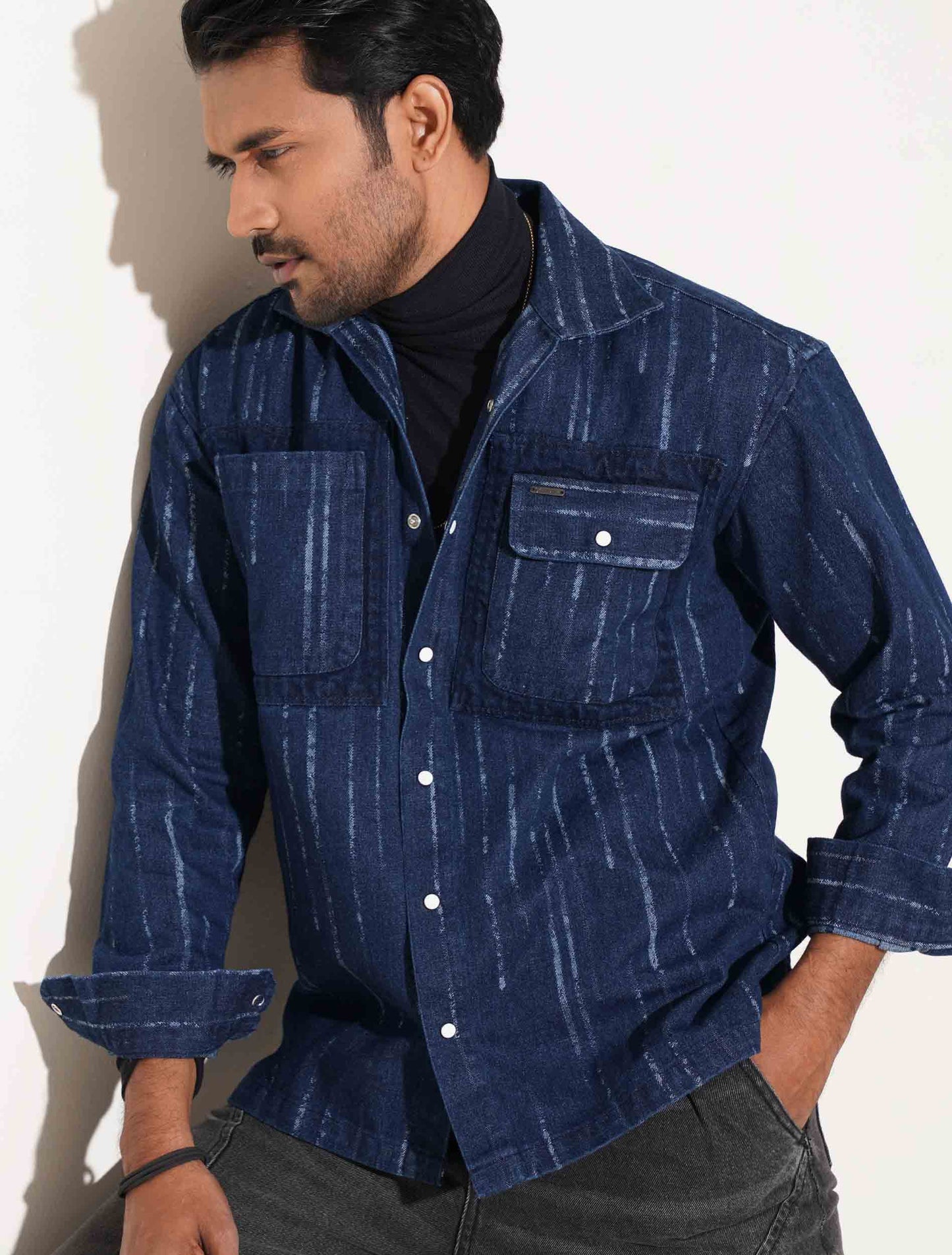 Blue Denim Faded stripe Premium Shacket