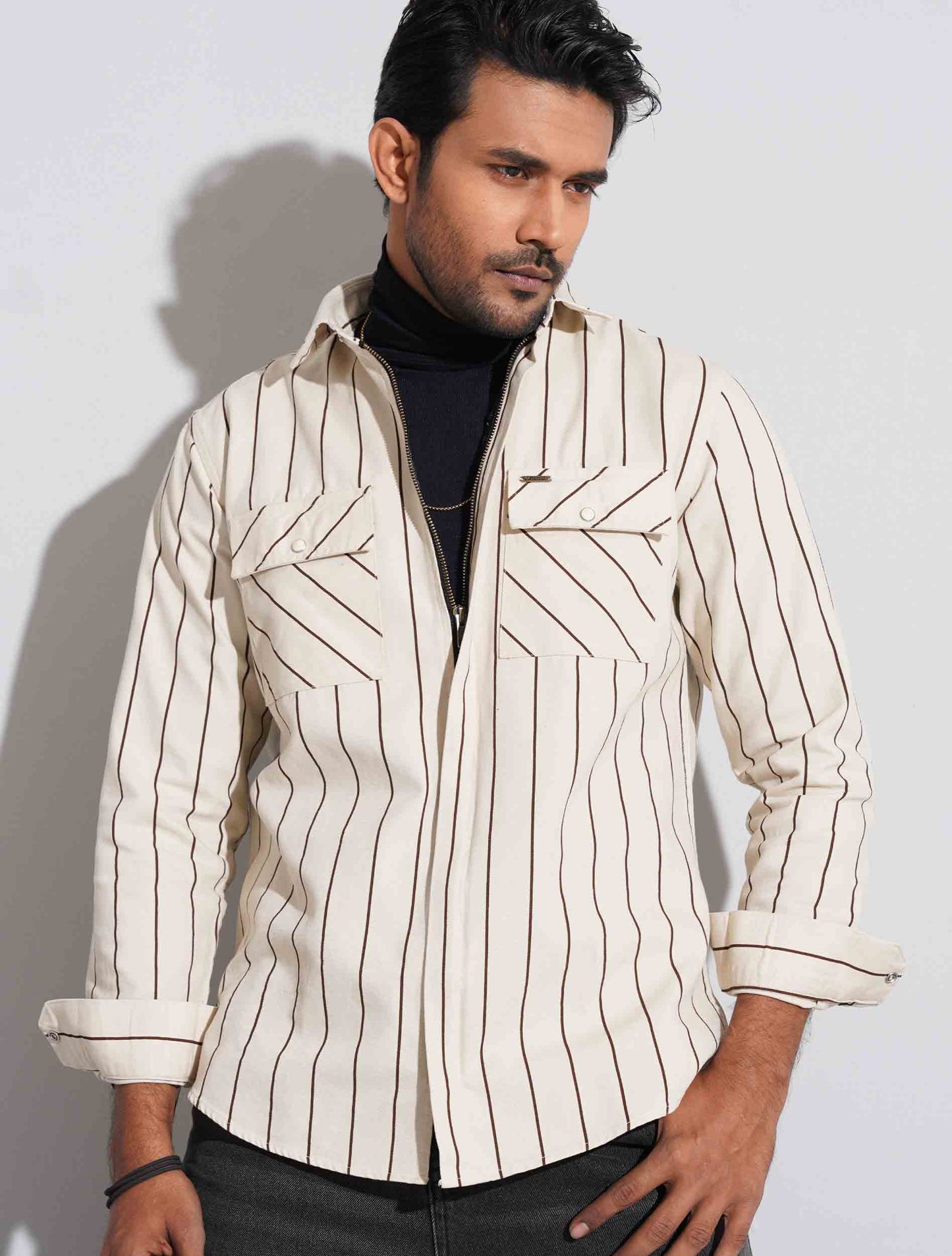 Cream stripe chain design full sleeve shirt