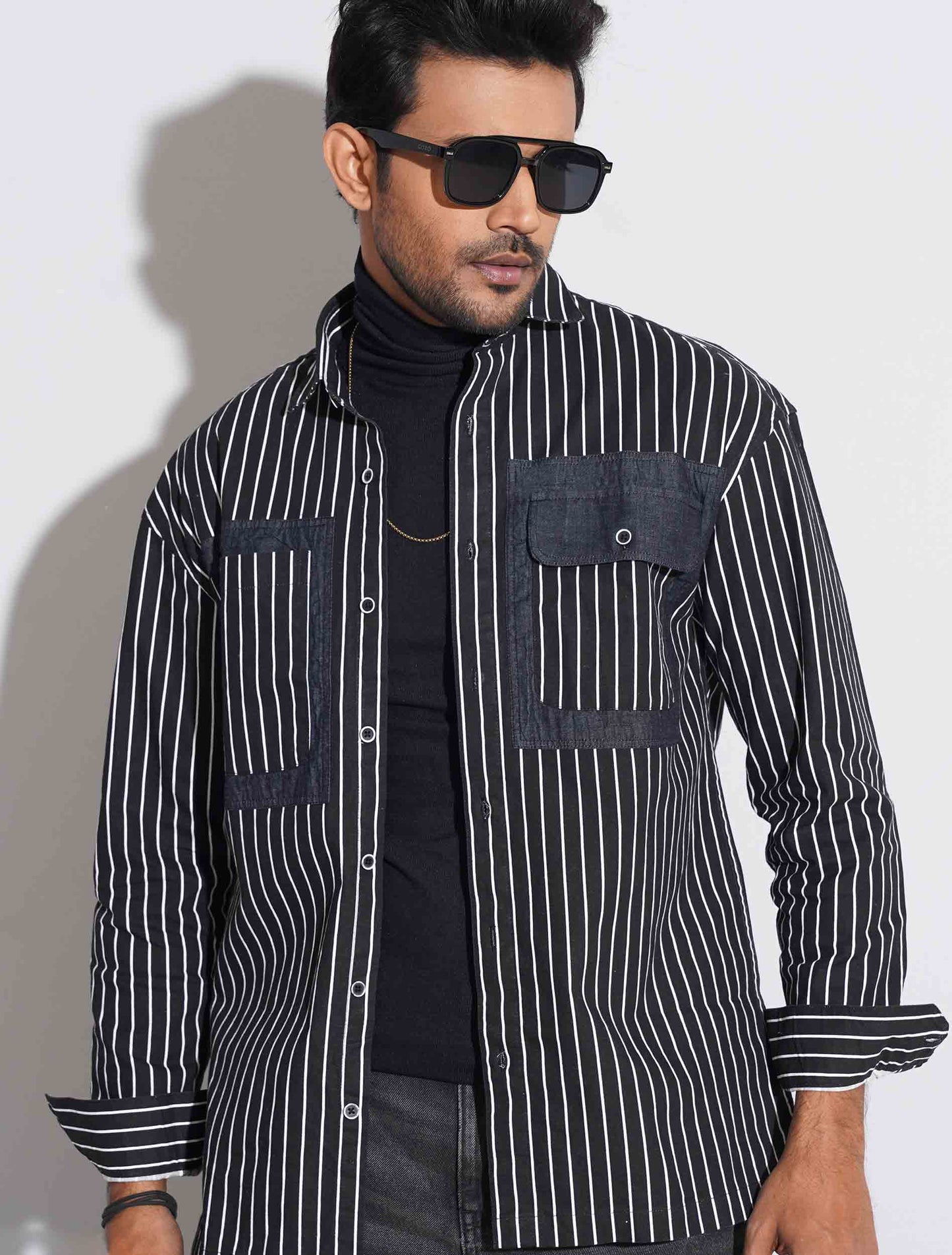 Black Stripe pocket flap denim full sleeve