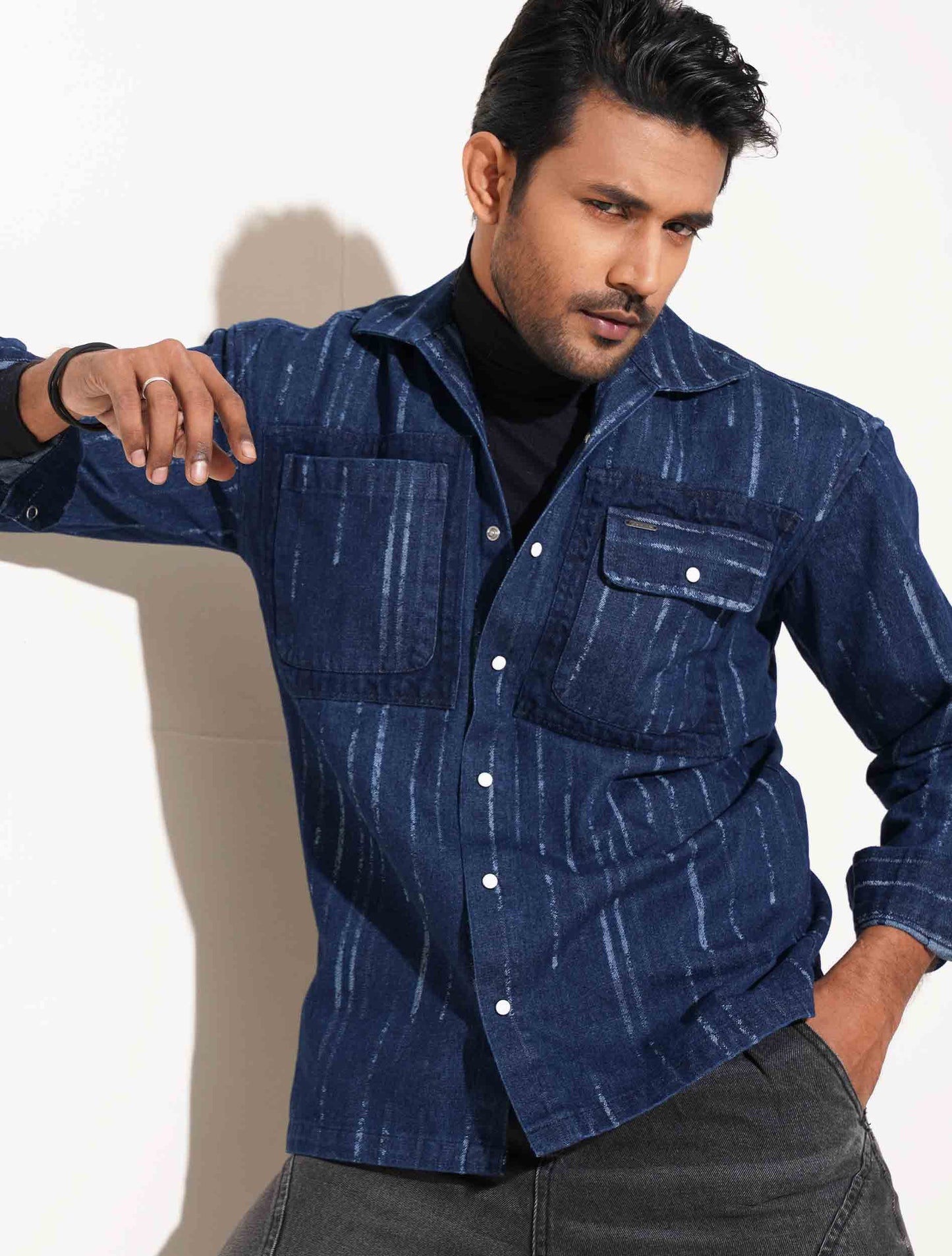 Blue Denim Faded stripe Premium Shacket