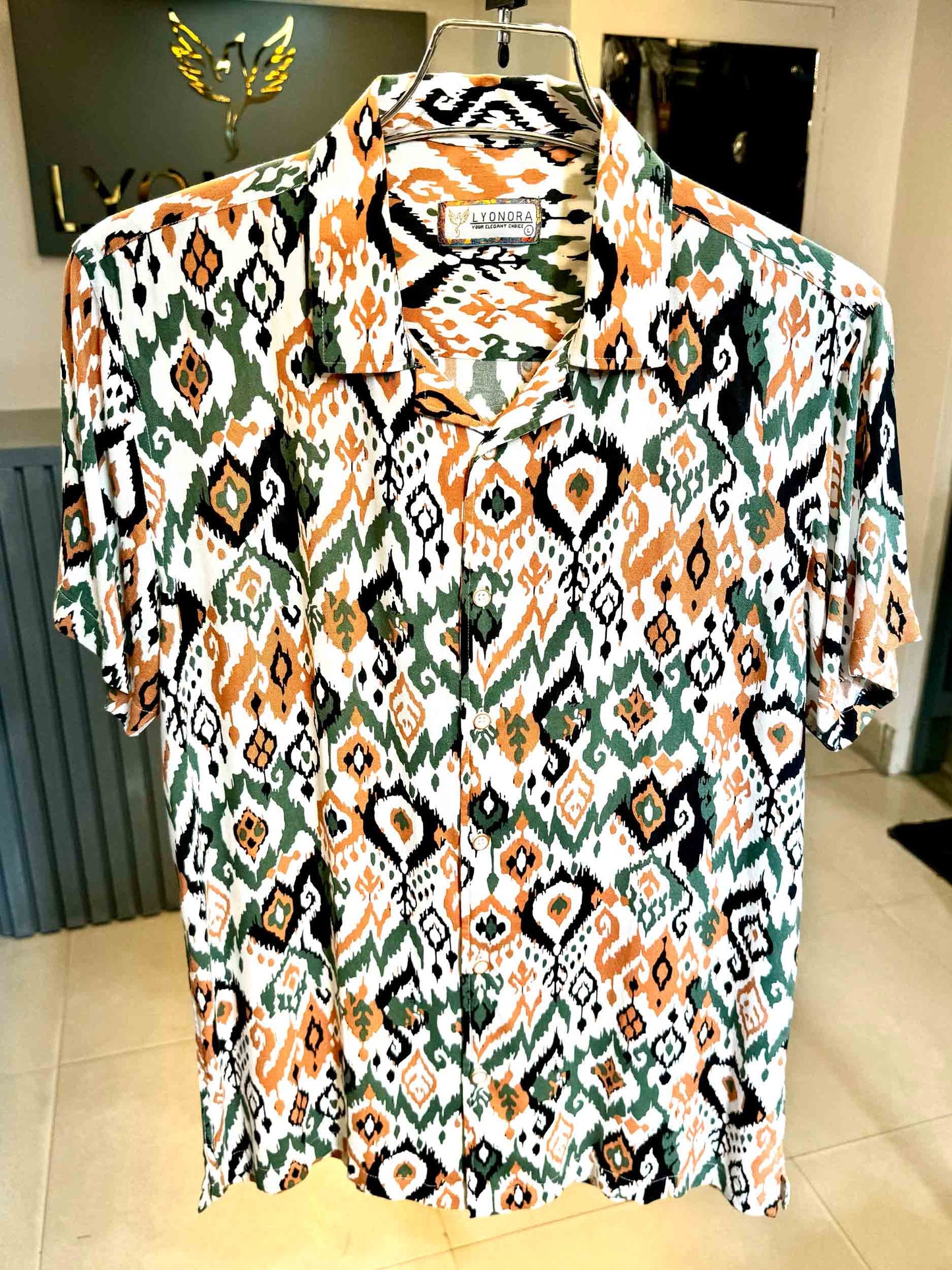 White-Yellow green pentagonal cube printed havana shirt