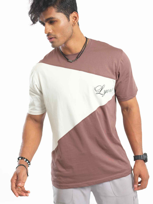 Brown- white V-shape contrast T-shirt