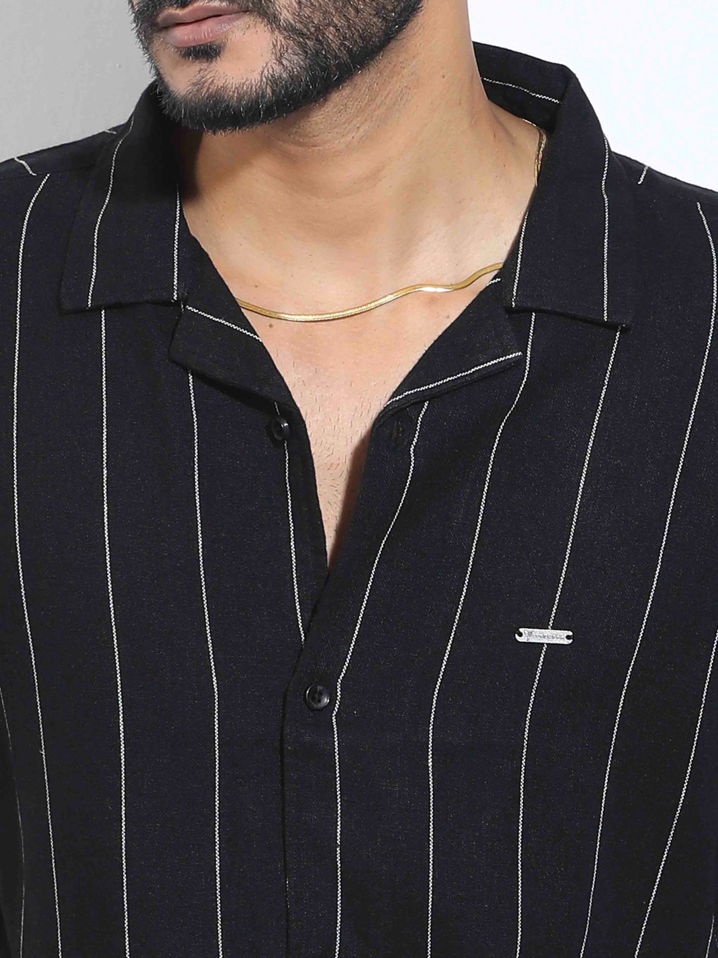 Jet Black white thin stripe Havana shirt