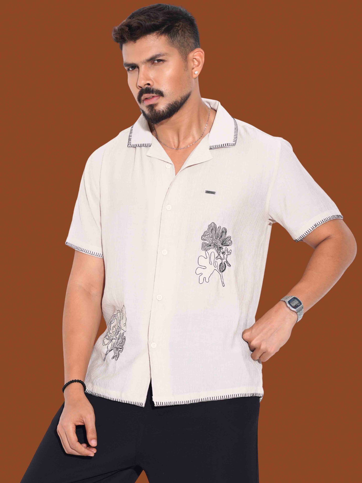 Cream Flower Embroidery Viscos havana shirt