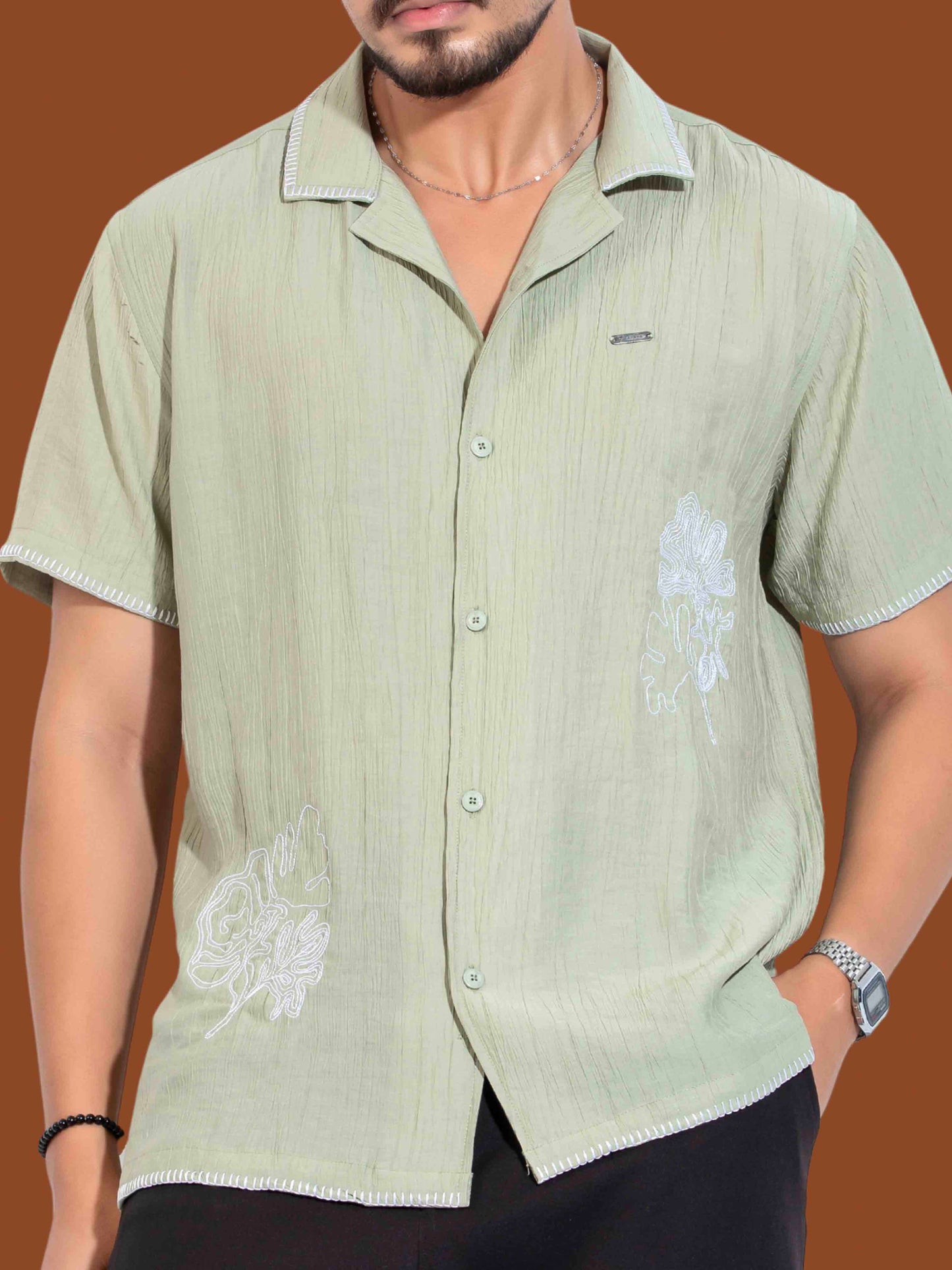 Olive Flower Embroidery Viscos havana shirt