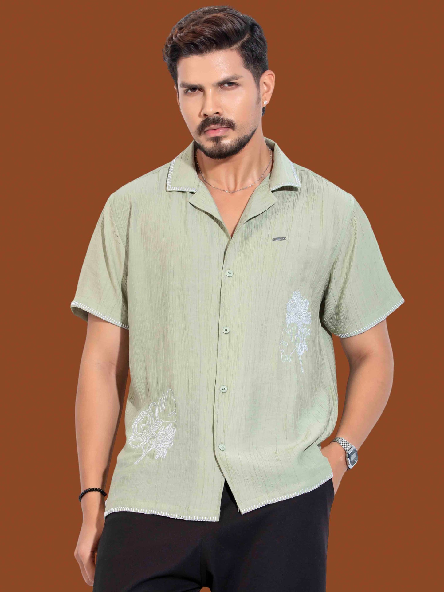 Olive Flower Embroidery Viscos havana shirt