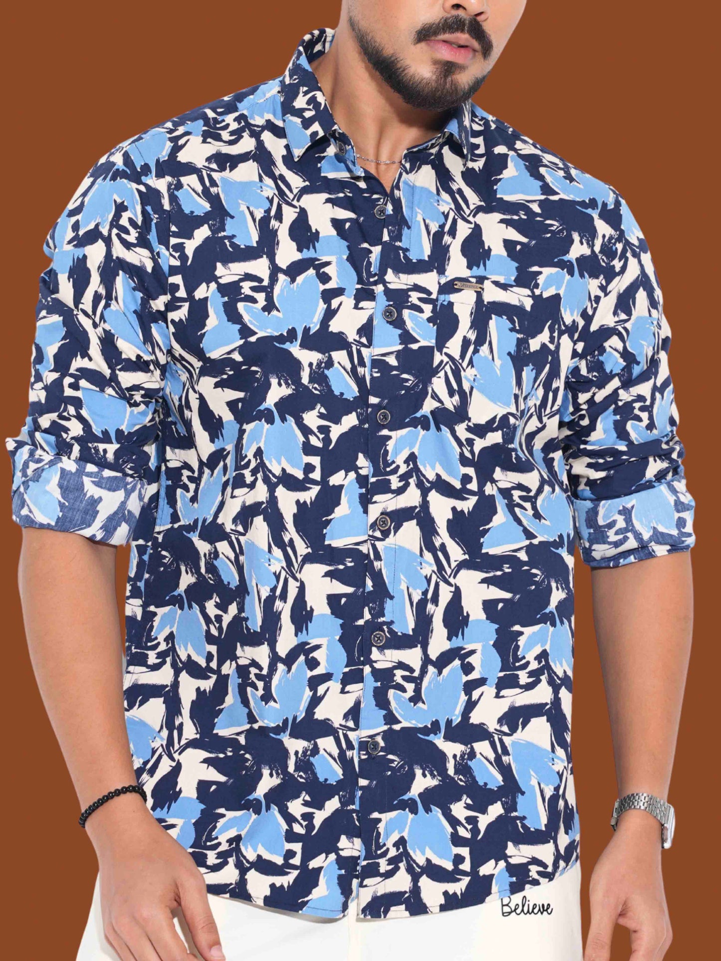 Cream Black Blue printed full sleeve shirt