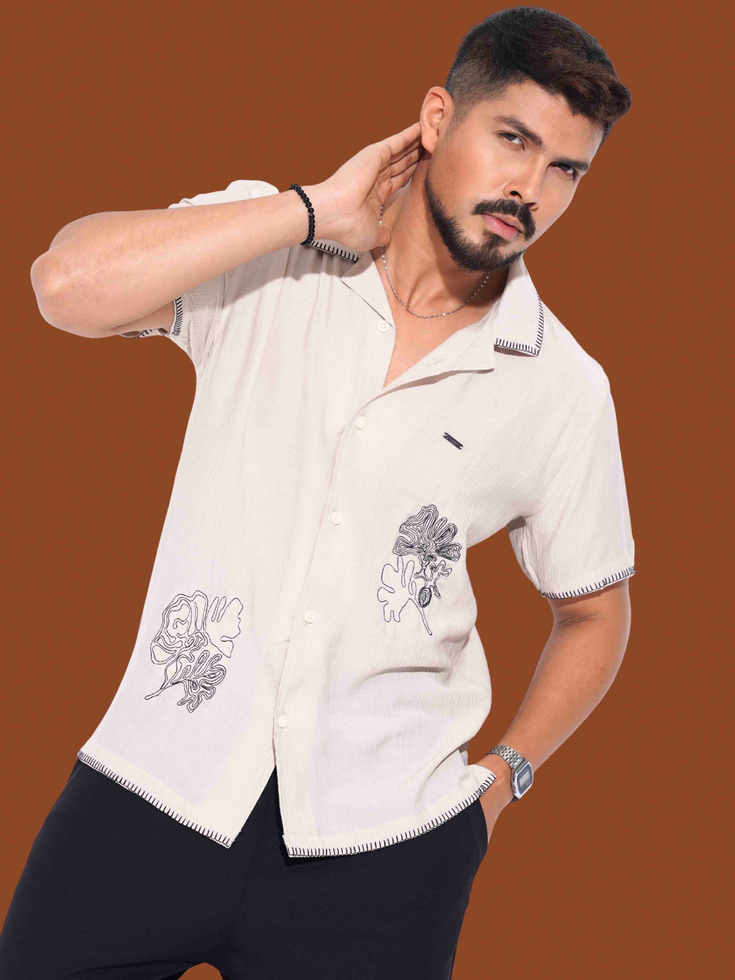 Cream Flower Embroidery Viscos havana shirt