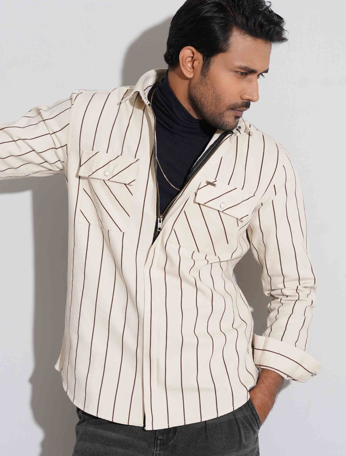 Cream stripe chain design full sleeve shirt