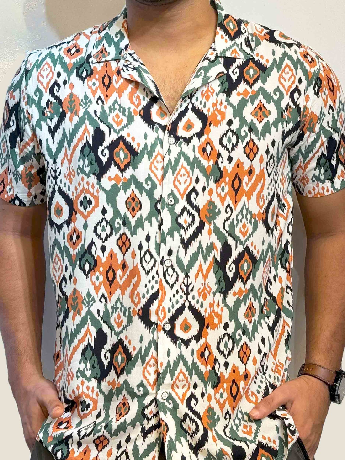 White-Yellow green pentagonal cube printed havana shirt
