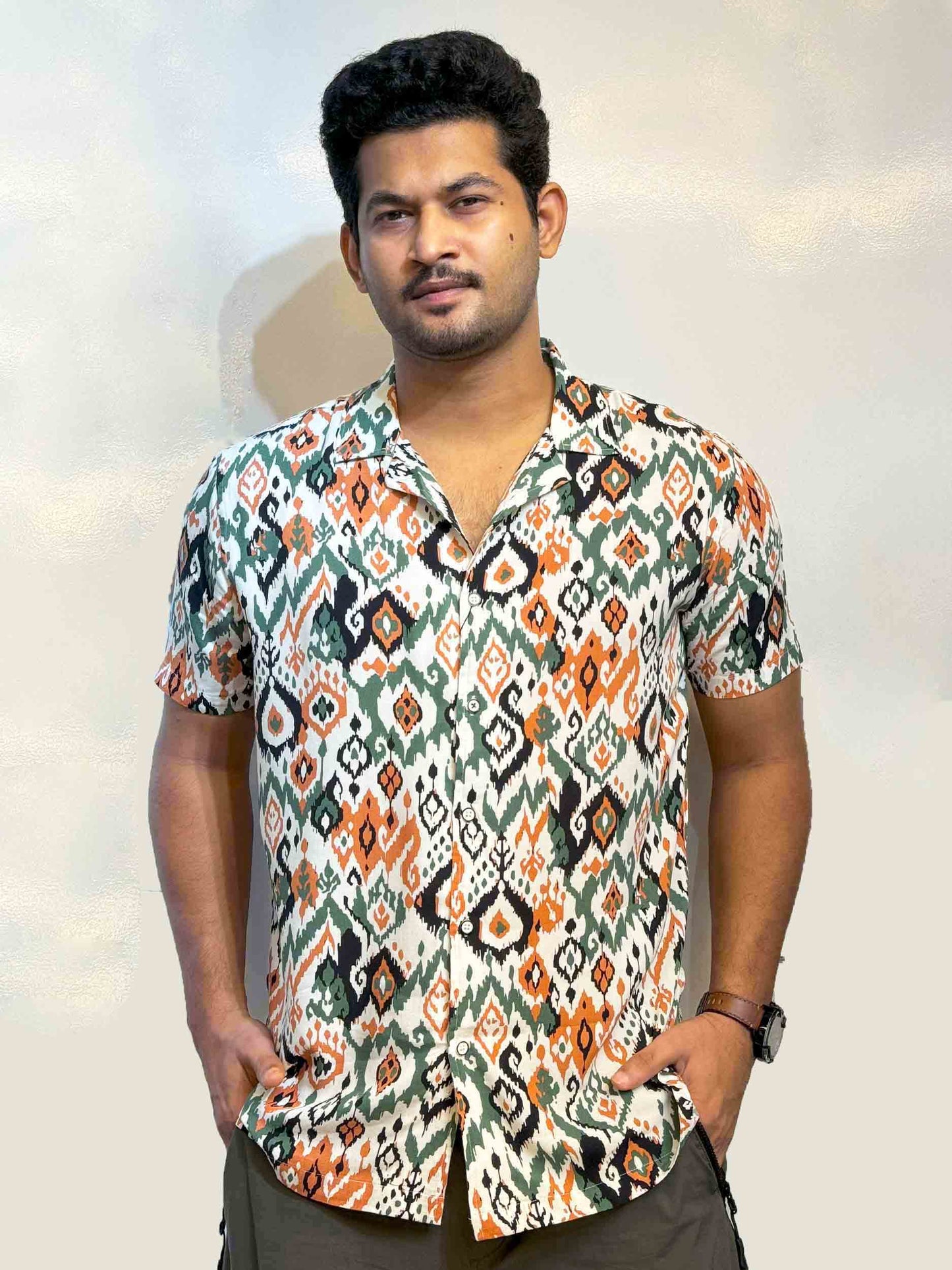 White-Yellow green pentagonal cube printed havana shirt